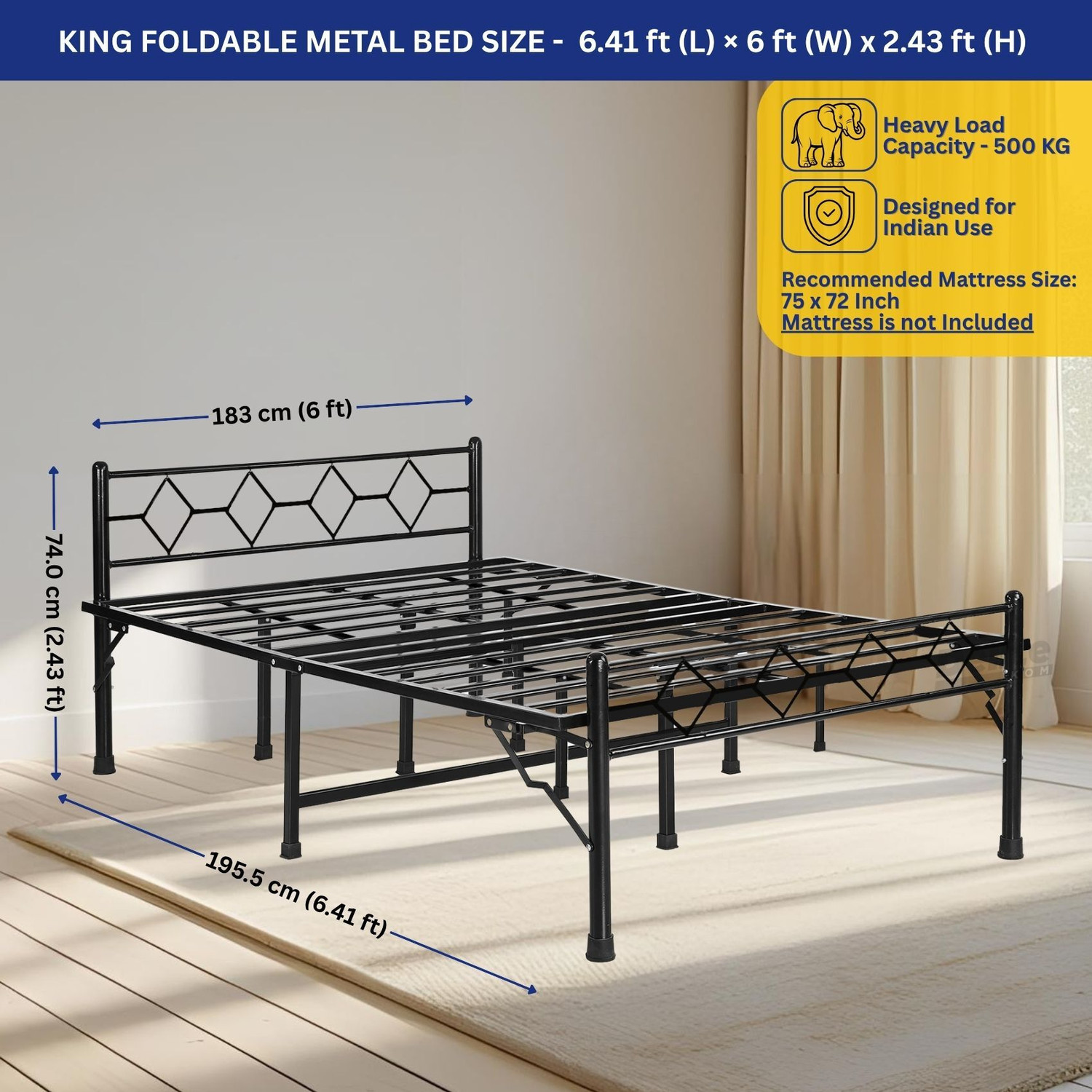 Image of Delite Kom Dory Foldable Metal King Bed (6.7x6ft) | No Install | 1 Year Warranty | Strong Metal King Bed, 195.5 cm x 183 cm (6.41 ft x 6.0 ft)
