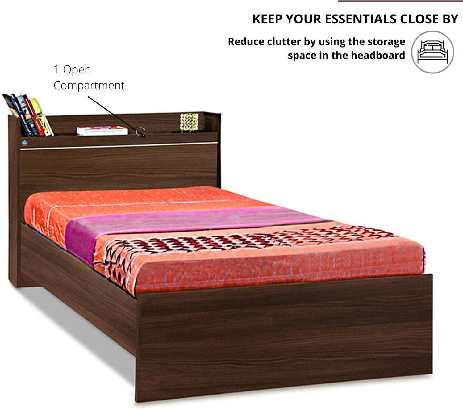 Image of Delite Kom Cherry Single Bed | Open Headboard Shelf Storage | Assembley Included | Engineered Wood Single Bed, 213 cm x 96 cm (6.99 ft x 3.15 ft)