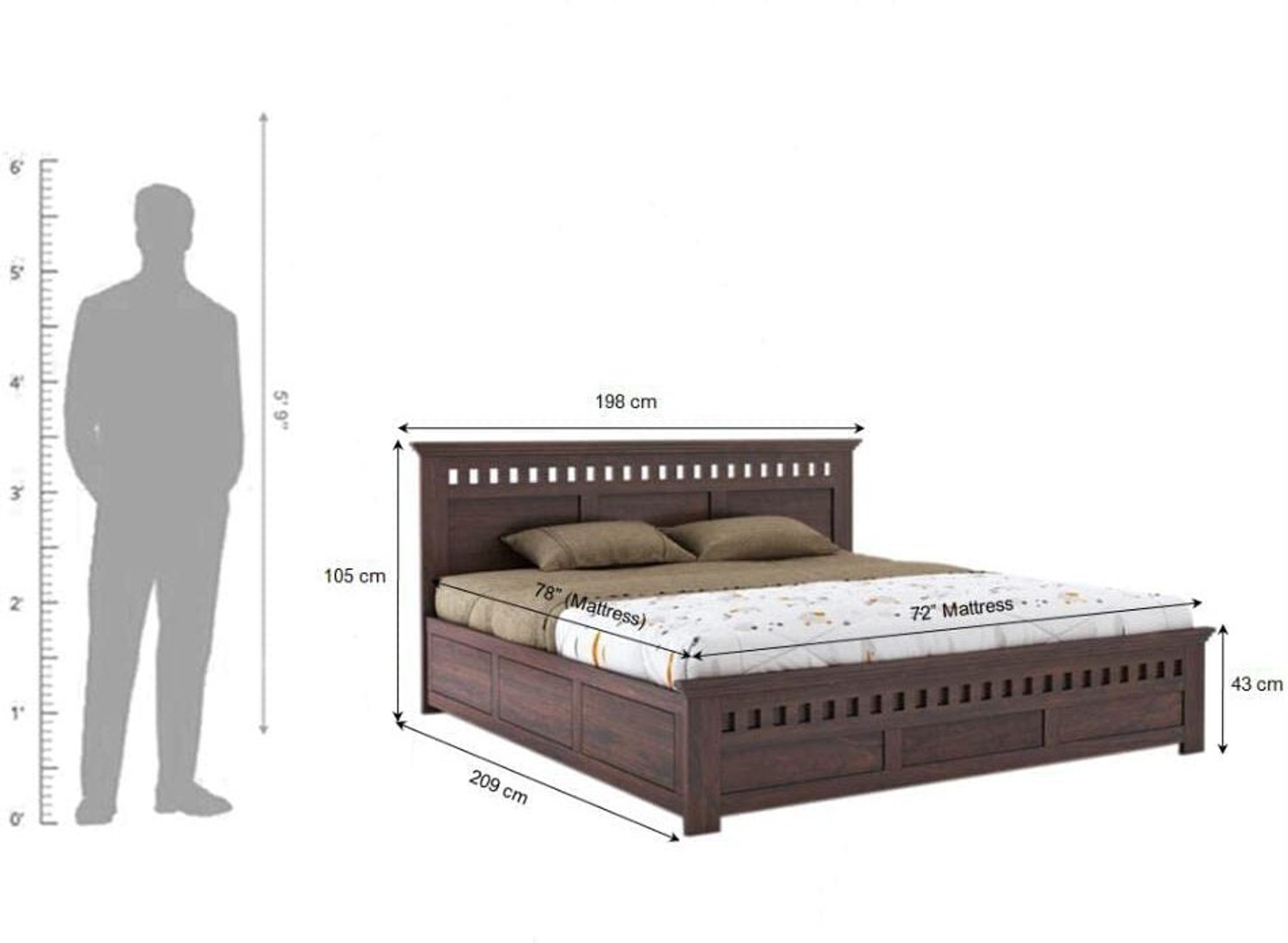 Image of WoodArt Solid Sheesham Wood Queen Size Bed with Box Storage for Bedroom Solid Wood Queen Box Bed, 209 cm x 163 cm (6.86 ft x 5.35 ft)