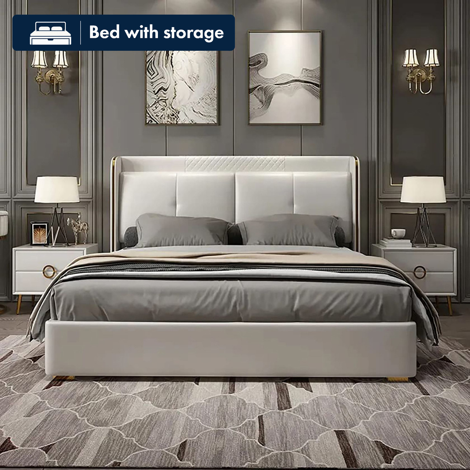 Image of Wakeup India Alderglen Upholstered Bed | Leatherette Fabric Bed with Storage Engineered Wood King Box Bed, 213.36 cm x 193.04 cm (7.0 ft x 6.33 ft)