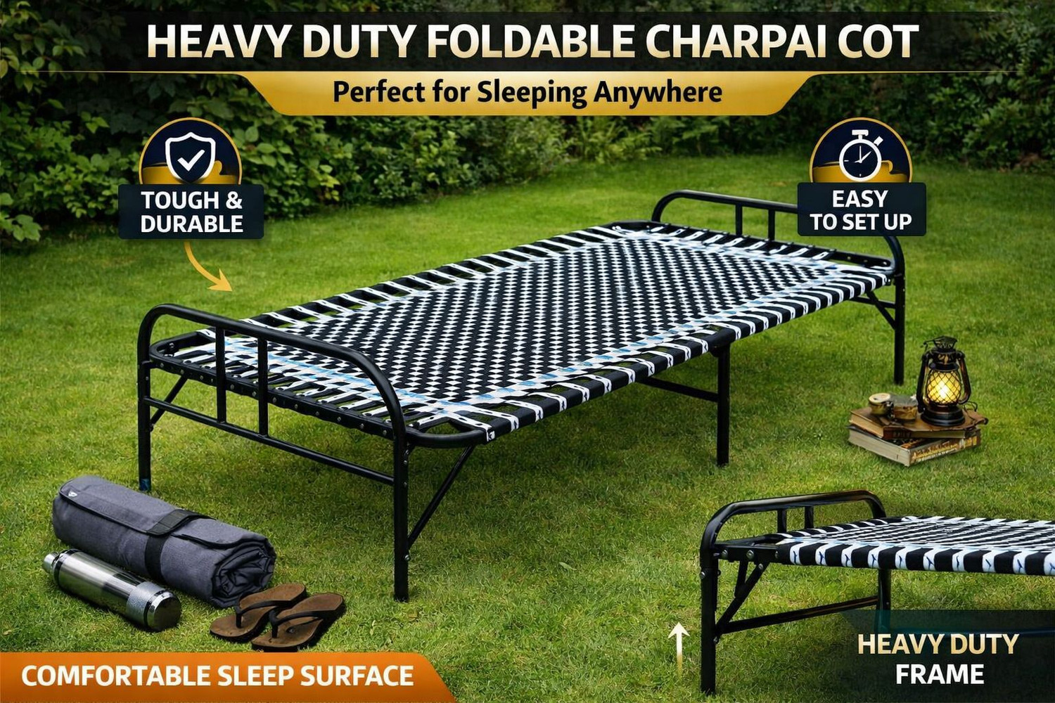 Image of Nandeksha Single Folding Bed Niwar Charpai Khatiya Bed for Sleeping Size Metal Single Bed, 88 cm x 182 cm (2.89 ft x 5.97 ft)