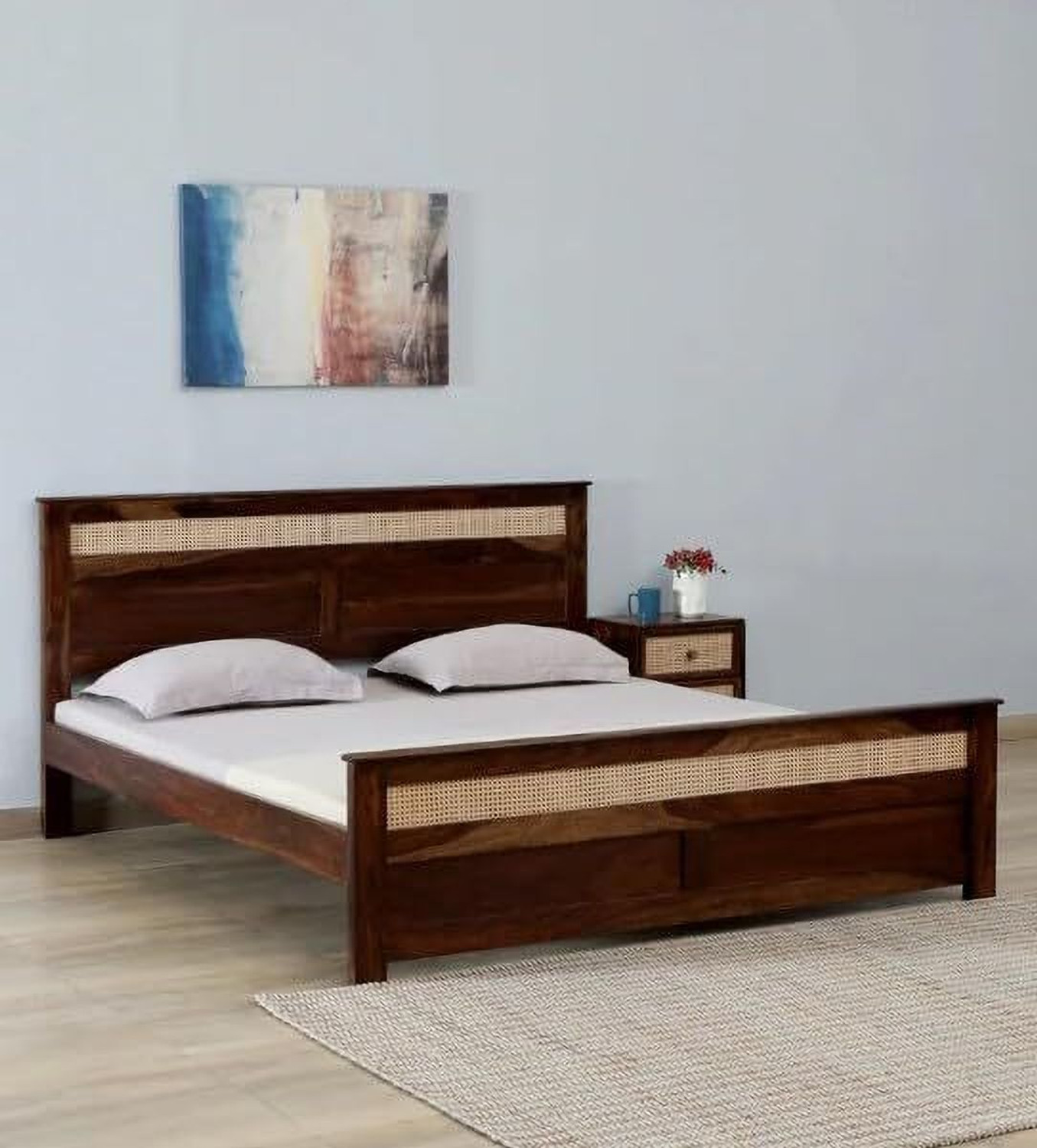 Image of NOBLE ART Solid Sheesham Wood Rattan Design King Size Bed Solid Wood King Bed, 207 cm x 191 cm (6.79 ft x 6.27 ft) (Finish Color - Provisional Teak, Delivery Condition - DIY(Do-It-Yourself))