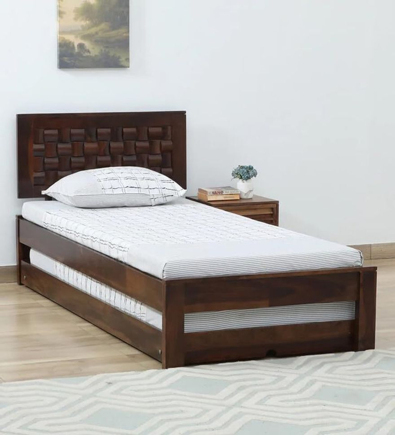 Image of SaidanWood Sheraton Sheesham Wood Zokar Trundle Single Bed Provincial Teak Solid Wood Single Bed, 211 cm x 98 cm (6.92 ft x 3.22 ft)
