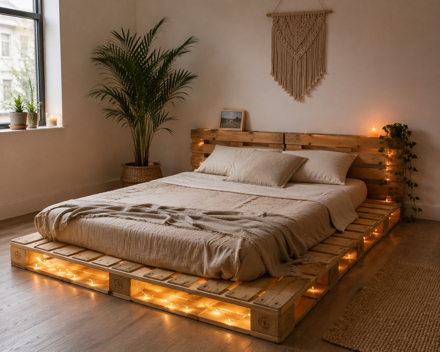 Image of wakeflt Pallet Bed with Led lights Bringing Comfort, Earthy Elegance Solid Wood Single Bed, 190 cm x 90 cm (6.23 ft x 2.95 ft)