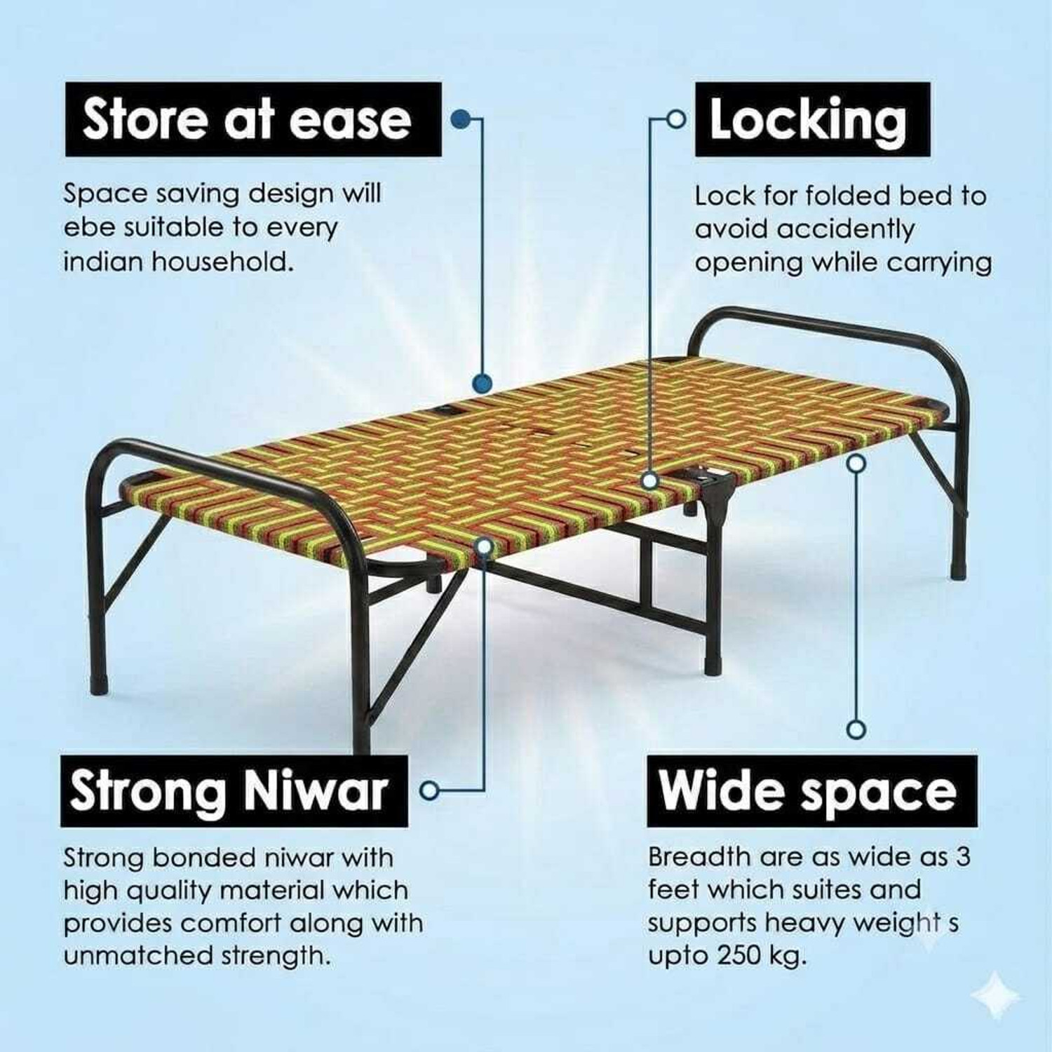 Image of Malik Enterprises Folding Cot Single Bed Metal Frame Sleeping Cot Heavy Duty Foldable Charpai Metal Single Bed, 180 cm x 90 cm (5.91 ft x 2.95 ft) (Finish Color - Red Yellow, Delivery Condition - Pre-assembled)
