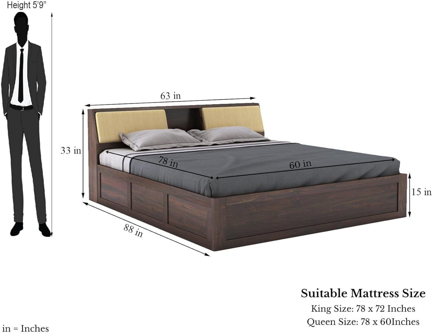 Image of SONA ART & CRAFTS Hades Sheesham Wood Queen Size Bed with Storage Box Solid Wood Queen Box Bed, 223.52 cm x 160.02 cm (7.33 ft x 5.25 ft)