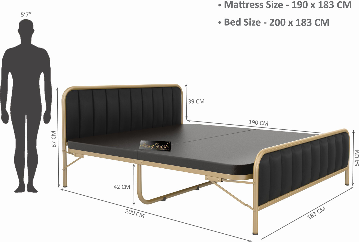 Image of HoneyTouch Boston King Size Bed | Folding Bed No Assembly Required | Metal King Bed, 200 cm x 183 cm (6.56 ft x 6.0 ft)