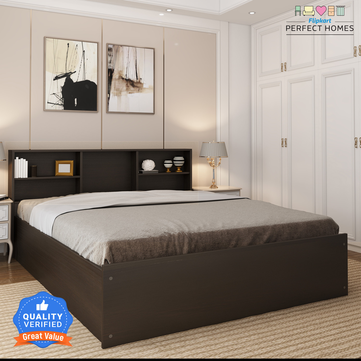 Image of Flipkart Perfect Homes Opus Engineered Wood Queen Box Bed, 213 cm x 162.3 cm (6.99 ft x 5.32 ft)