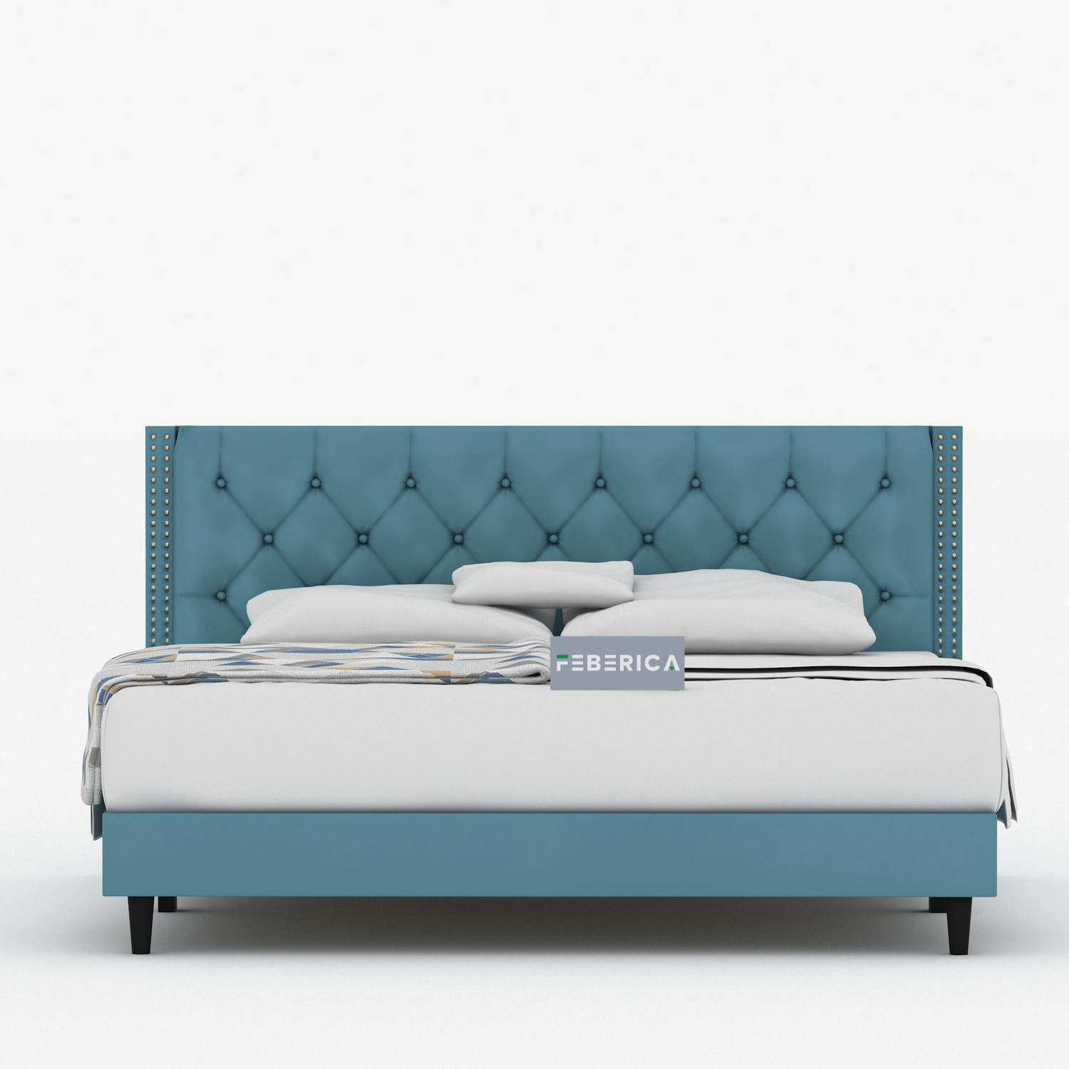 Image of FEBERICA Engineered Wood Fabric King Size Bed with Upholstered Headboard for Bedroom | Engineered Wood King Bed, 190.5 cm x 210.82 cm (6.25 ft x 6.92 ft)