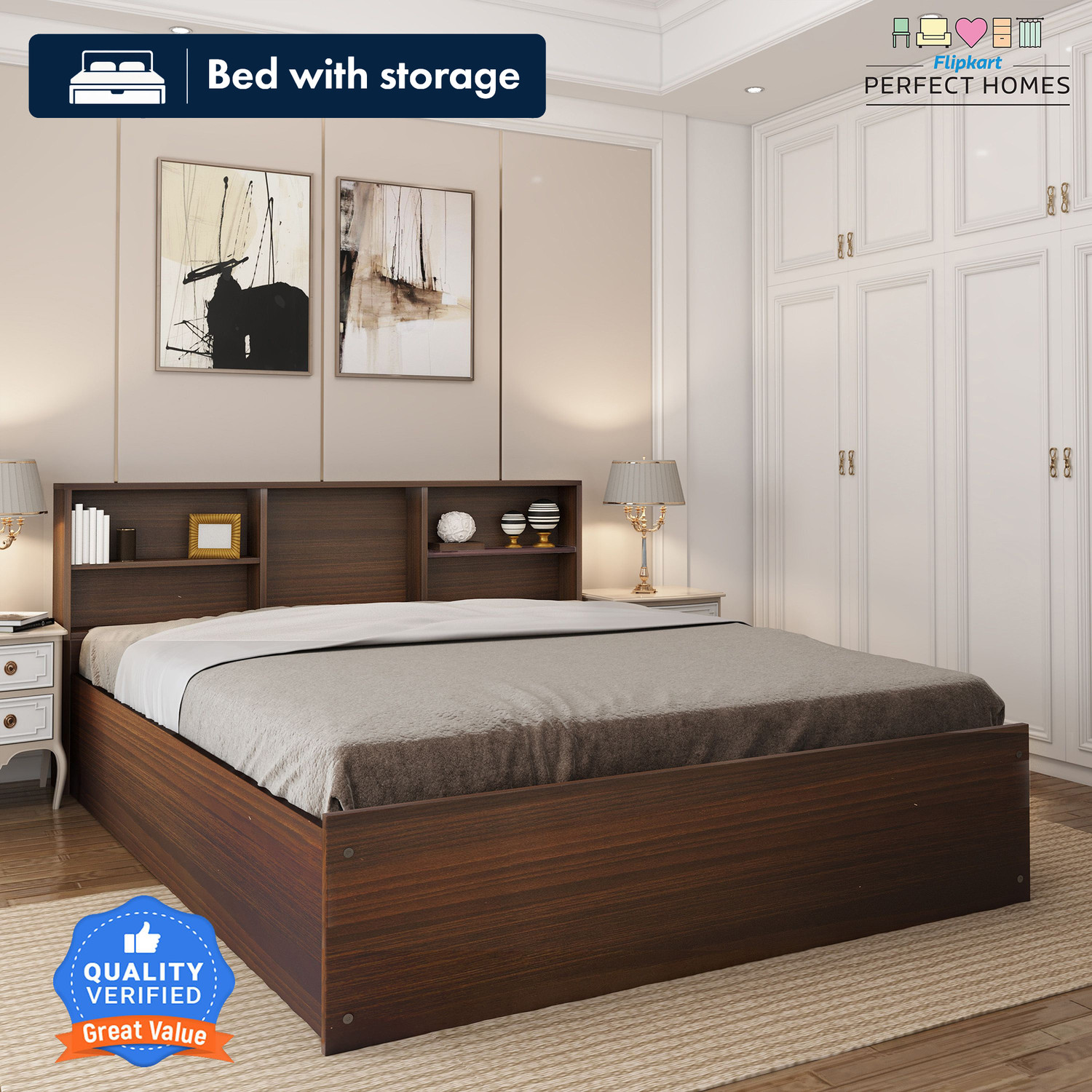 Image of Flipkart Perfect Homes Opus Engineered Wood King Box Bed, 212.8 cm x 192.7 cm (6.98 ft x 6.32 ft)