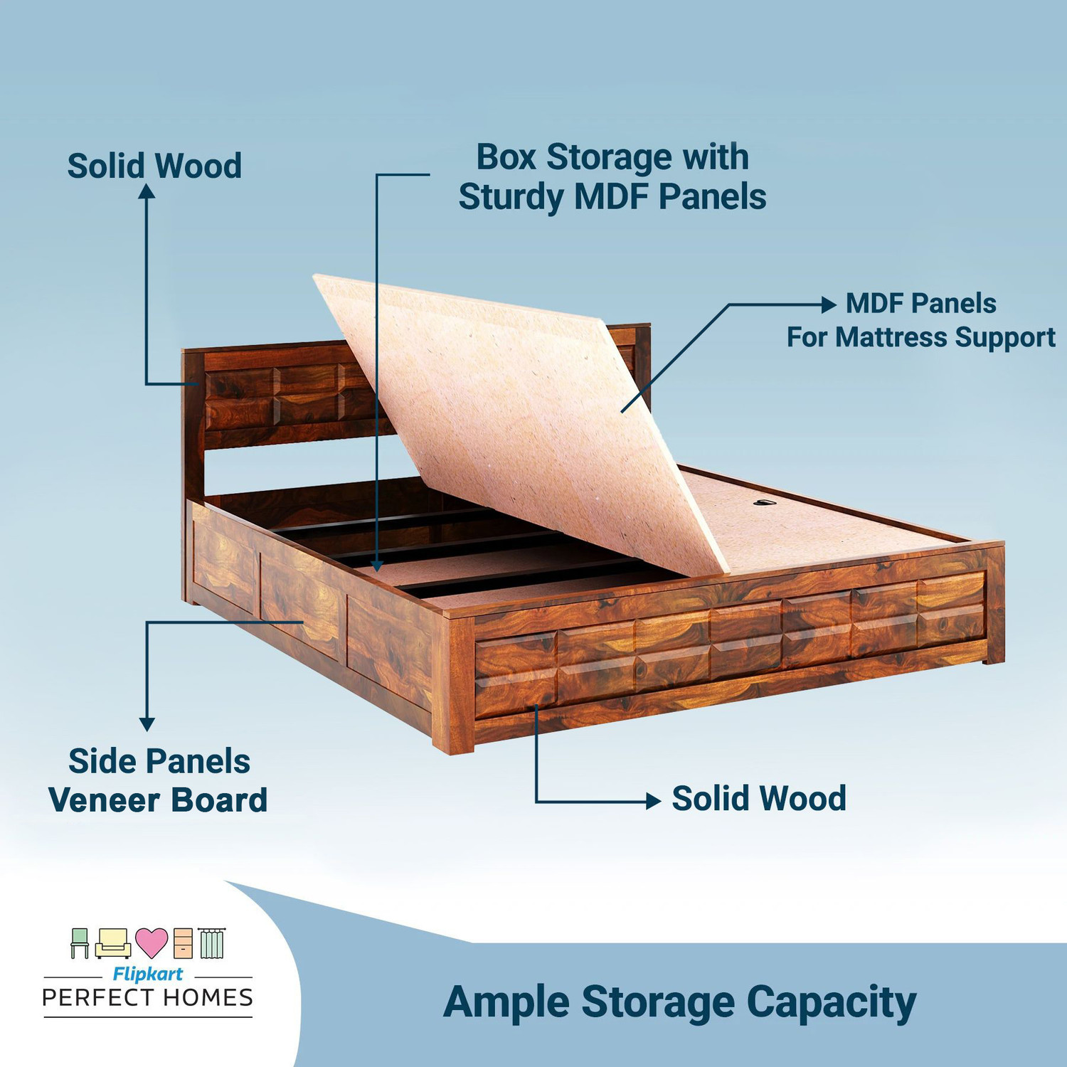 Image of Flipkart Perfect Homes Vigorous Solid Wood Queen Box Bed, 206 cm x 157 cm (6.76 ft x 5.15 ft)