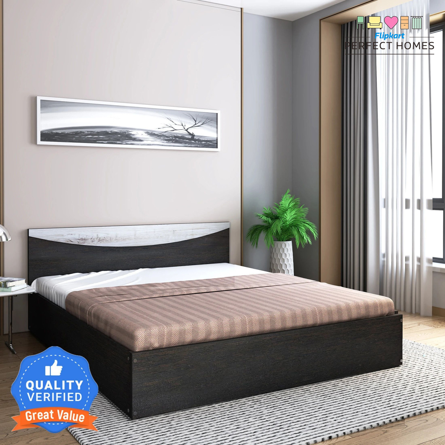 Image of Flipkart Perfect Homes Carol Engineered Wood Queen Bed, 203.5 cm x 159.5 cm (6.68 ft x 5.23 ft)