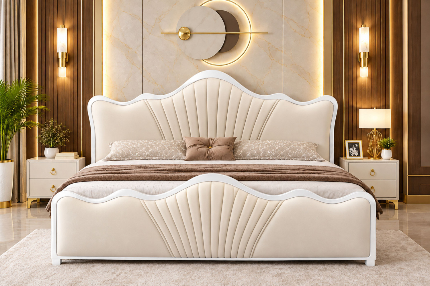Image of KAREEGAR ANSH BED With SUEDE Fabric Headboard & Footboard For Bedroom /Hotel /Living Room Solid Wood King Box Bed, 184 cm x 183 cm (6.04 ft x 6.0 ft) (Finish Color - BEIGE, Delivery Condition - DIY(Do-It-Yourself))