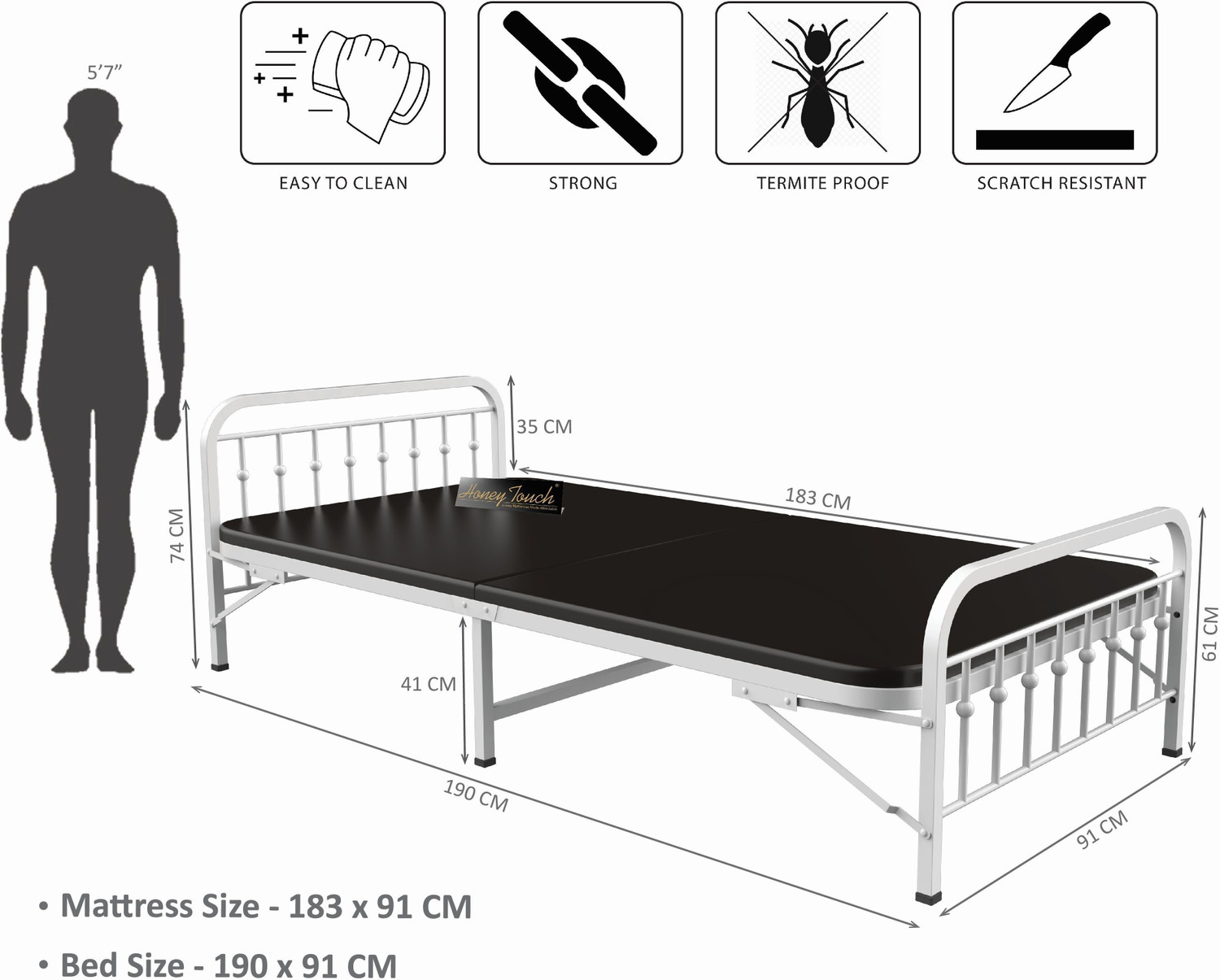 Image of HoneyTouch NOVA Folding Bed Single with Mattress | No Assembly Required | (3ft x 6ft) Metal Single Bed, 190 cm x 91 cm (6.23 ft x 2.99 ft)