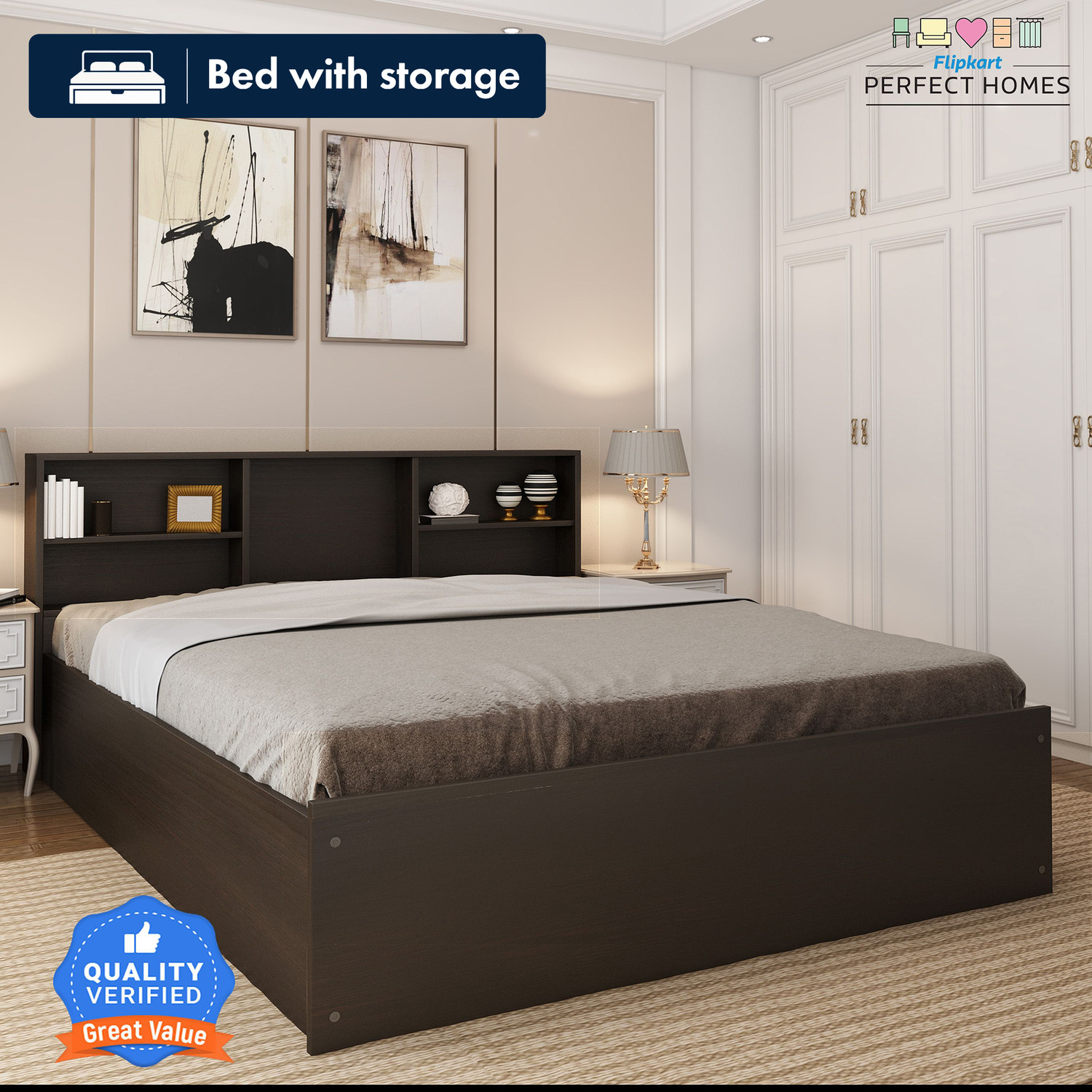 Image of Flipkart Perfect Homes Opus Engineered Wood King Box Bed, 212.8 cm x 192.7 cm (6.98 ft x 6.32 ft)