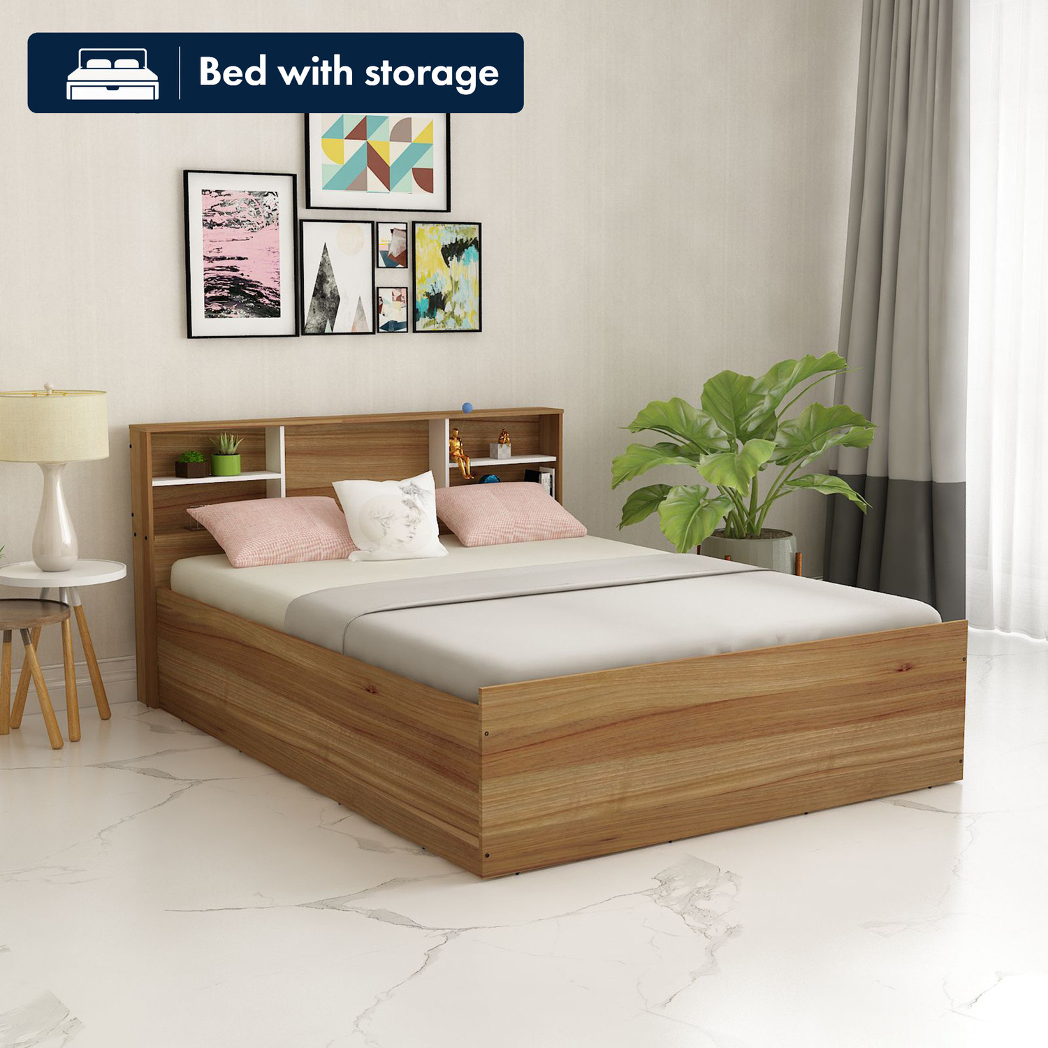 Image of SIVOM Sylvia Queen Bed Engineered Wood Queen Box Bed, 216 cm x 157 cm (7.09 ft x 5.15 ft)