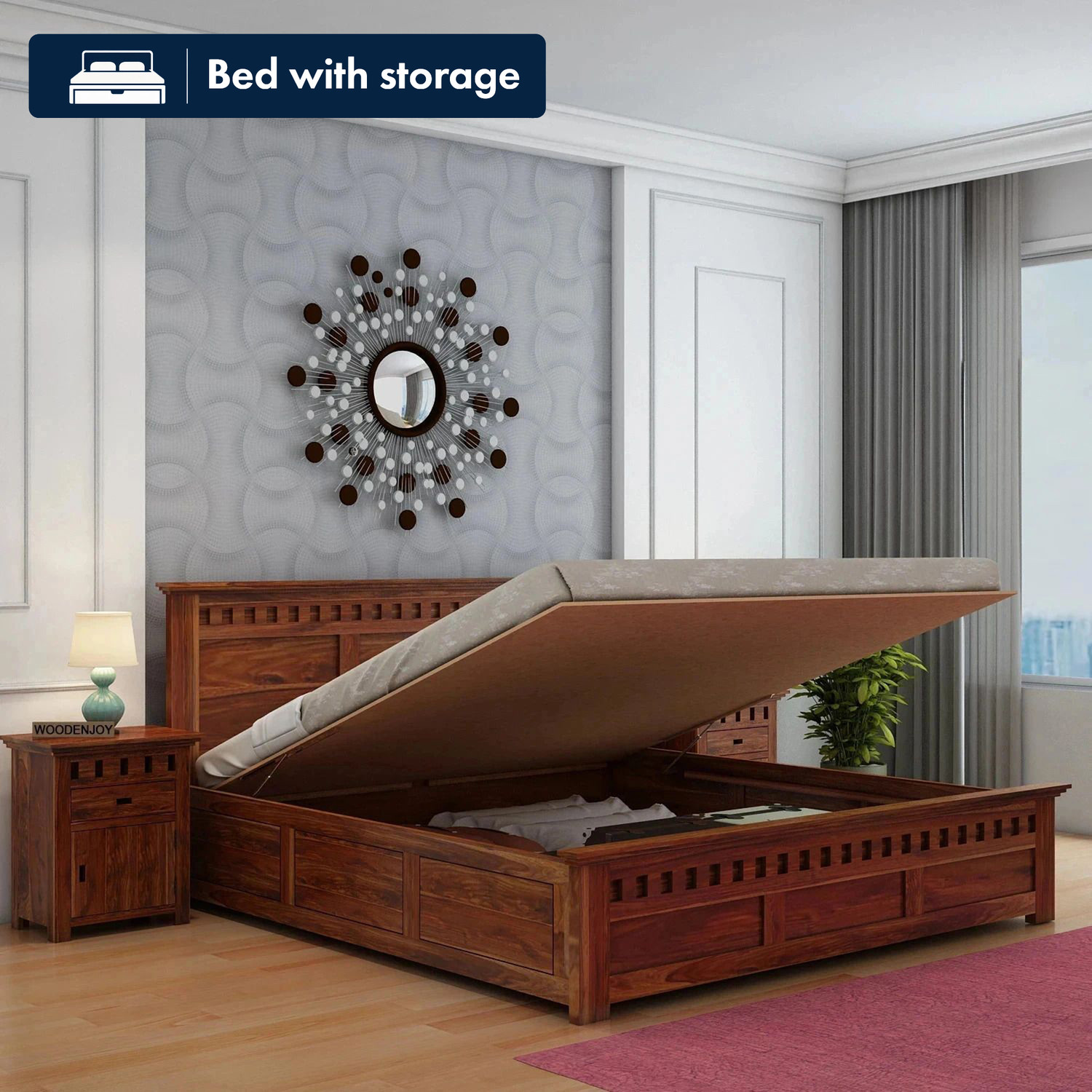 Image of WOODENJOY Sheesham Wood King Bed /Wooden Bed With Hydraulic Storage /Wooden Palaung For Home Solid Wood King Hydraulic Bed, 210.82 cm x 198.12 cm (6.92 ft x 6.5 ft)