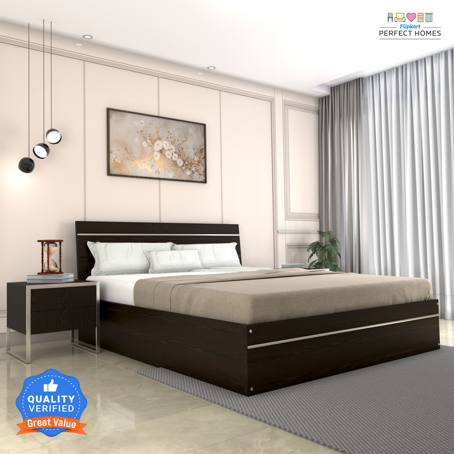 Image of Flipkart Perfect Homes Birmingham Engineered Wood Queen Bed, 1980 mm x 157 cm (64.96 ft x 5.15 ft)