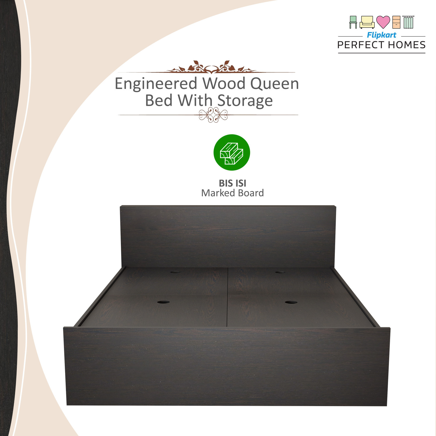 Image of Flipkart Perfect Homes Elysian Engineered Wood Queen Box Bed, 159 cm x 203.8 cm (5.22 ft x 6.69 ft) (Finish Color - Wenge, Delivery Condition - Knock Down)