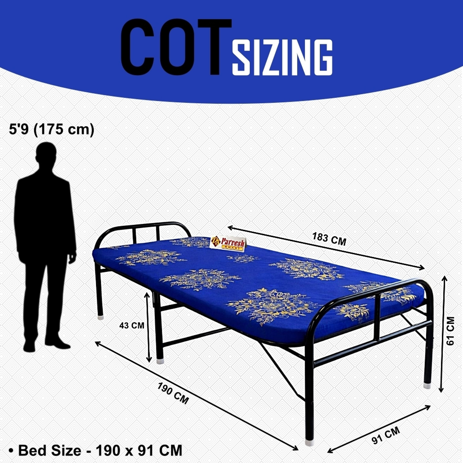 Image of PS PARVESH SMART Mattress folding bed Metal Single Bed, 183 cm x 92 cm (6.0 ft x 3.02 ft)