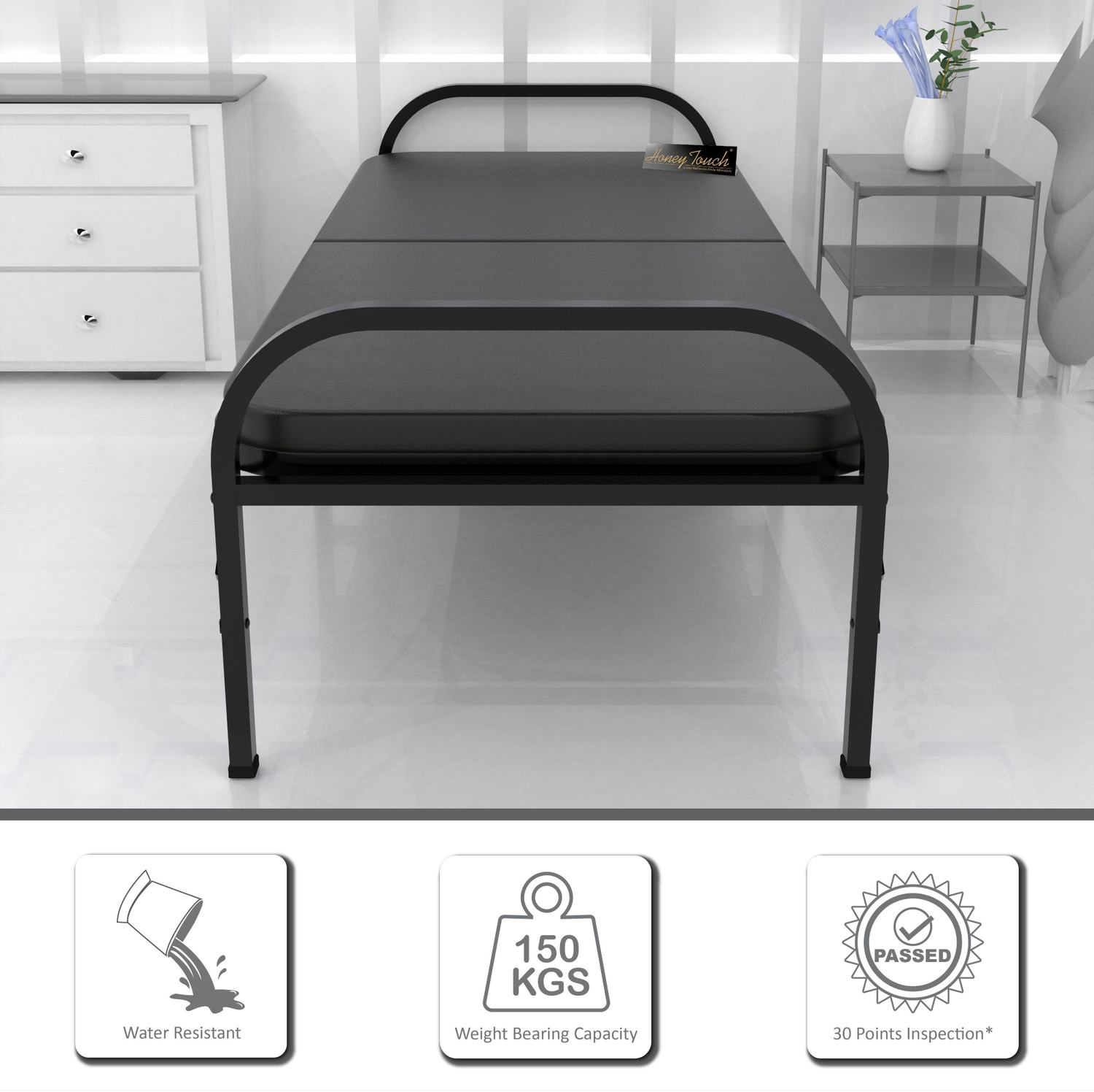 Image of HoneyTouch Atlas-Ortho Tri Layer-Black-Black-3X6 Metal Single Bed, 183 cm x 91 cm (6.0 ft x 2.99 ft)