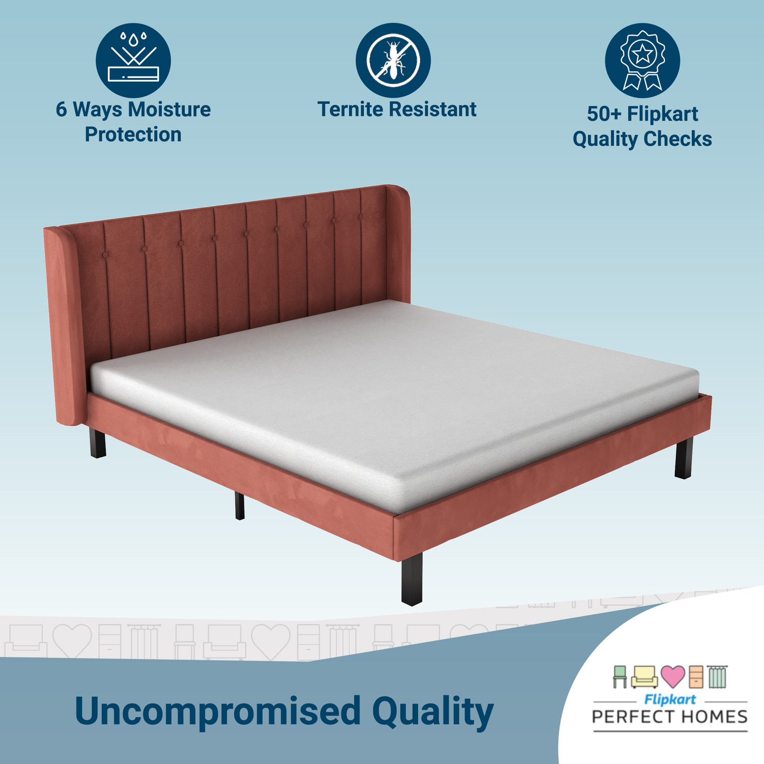 Image of Flipkart Perfect Homes Upholstered Engineered Wood Queen Bed, 205 cm x 157 cm (6.73 ft x 5.15 ft)