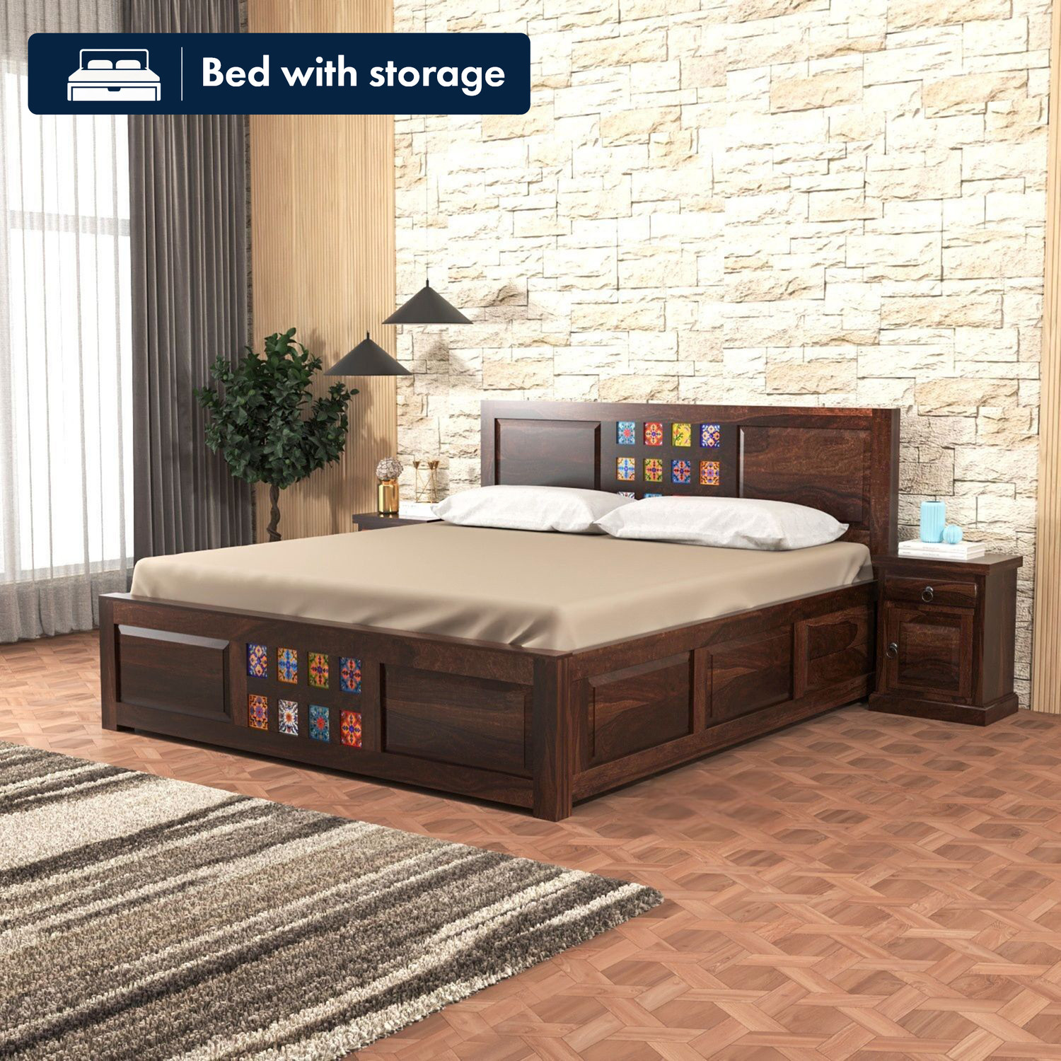 Image of BHAGWATI ART Solid Sheesham Wood King Size For Bedroom / Hotel | Solid Wood King Box Bed Solid Wood King Box Bed, 213.36 cm x 187.96 cm (7.0 ft x 6.17 ft)