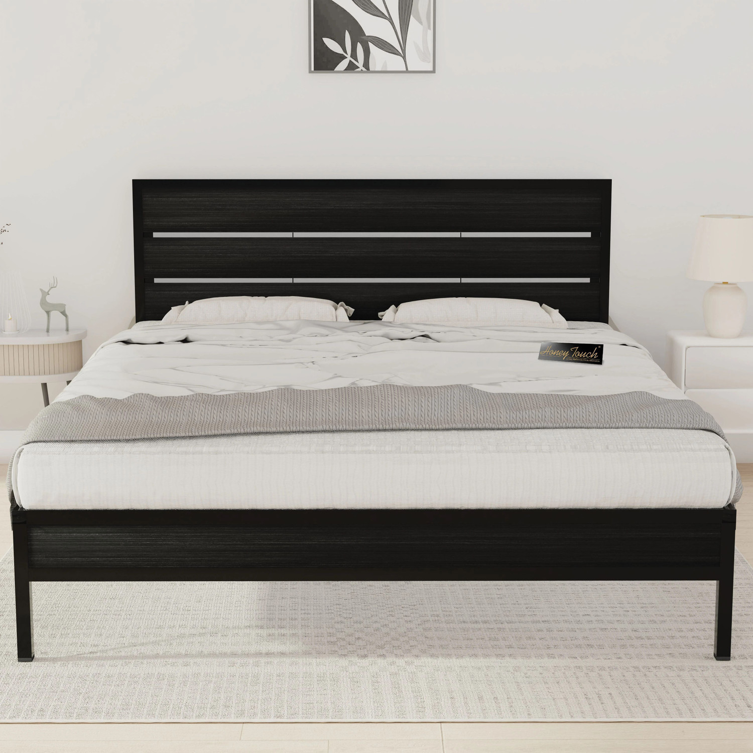 Image of HoneyTouch Elvo Queen Size Bed Frame | No Assembly Required | Metal Queen Bed, 204 cm x 152 cm (6.69 ft x 4.99 ft)