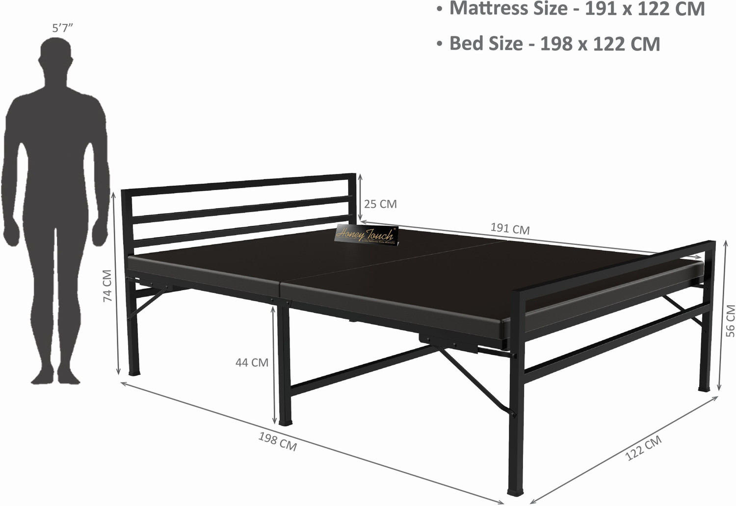 Image of HoneyTouch Jasper Folding Double Bed with Mattress | No Assembly Required | Metal Double Bed, 198 cm x 122 cm (6.5 ft x 4.0 ft)
