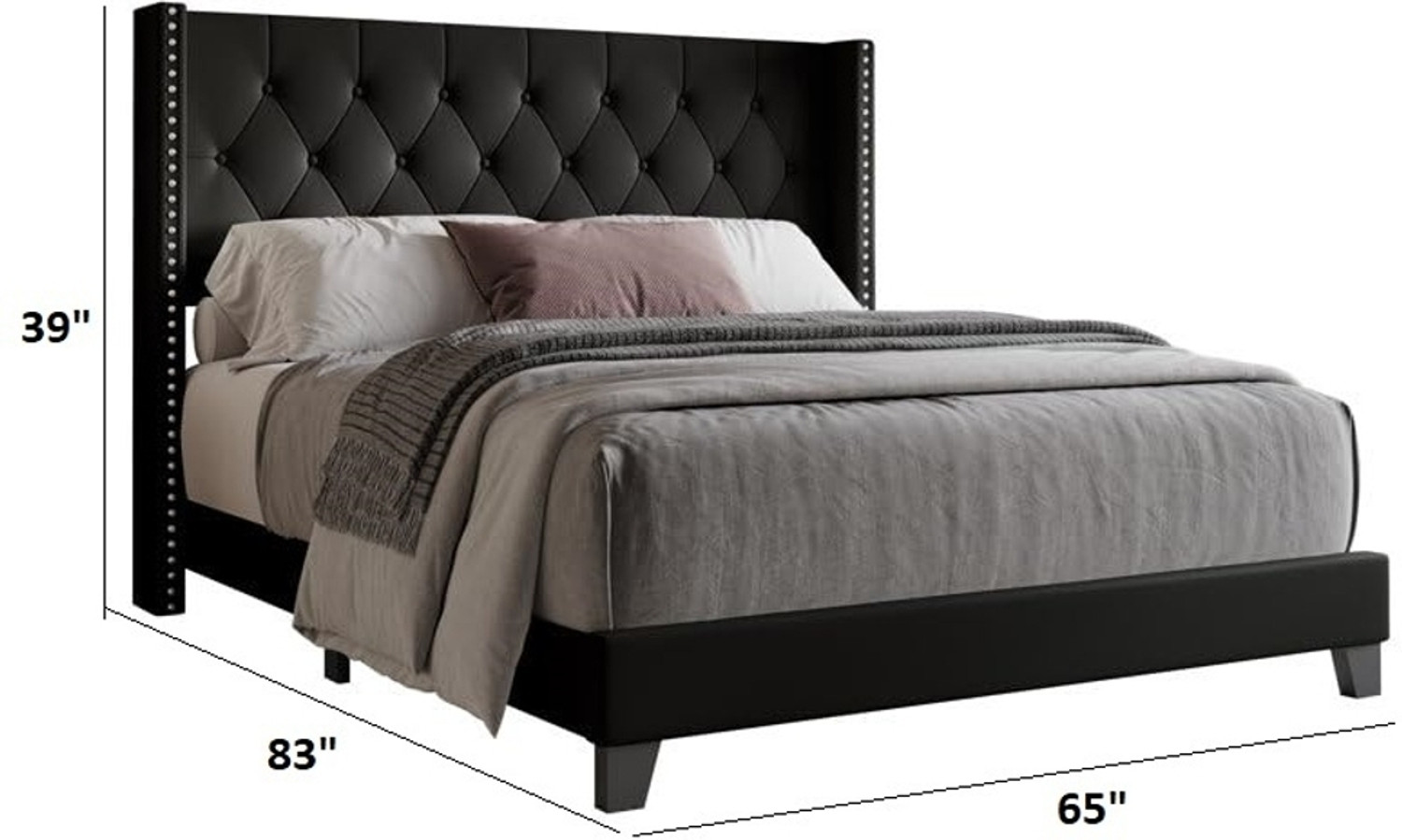 Image of FEBERICA Engineered Wood Fabric Queen Size Bed with Upholstered Headboard for Bedroom | Engineered Wood Queen Bed, 165.1 cm x 210.82 cm (5.42 ft x 6.92 ft)