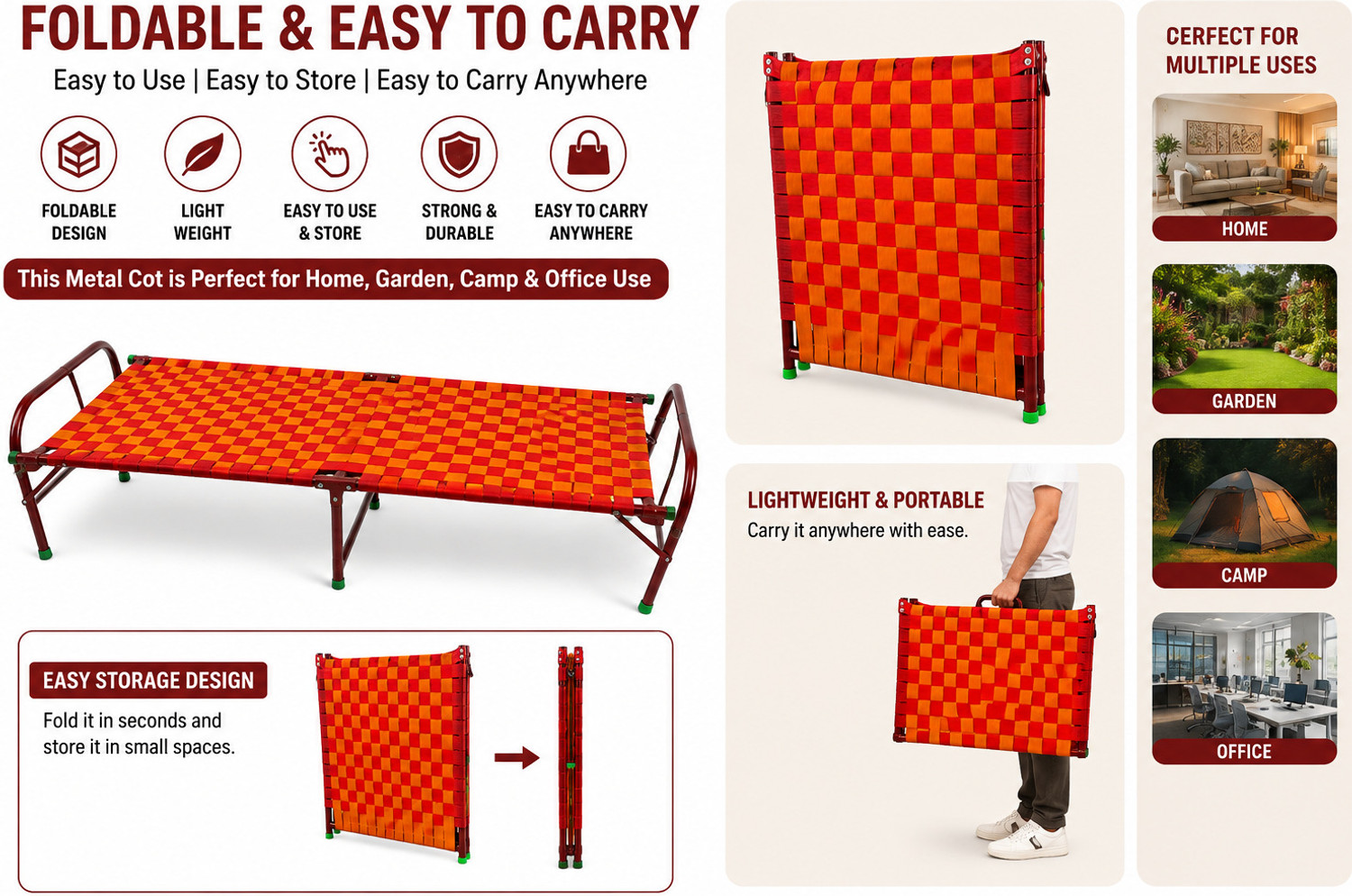 Image of CHA Portable Single foldable metal bed Metal Single Bed, 180 cm x 90 cm (5.91 ft x 2.95 ft)