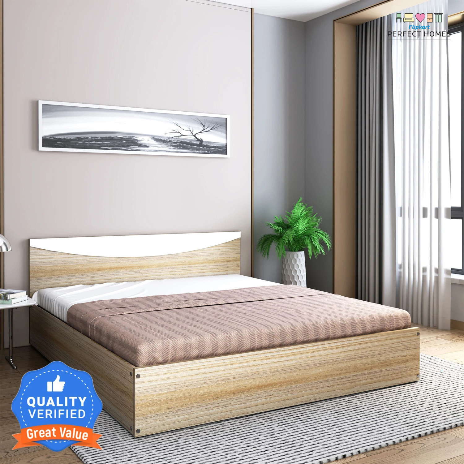 Image of Flipkart Perfect Homes Carol Engineered Wood Queen Bed, 203.5 cm x 159.5 cm (6.68 ft x 5.23 ft)