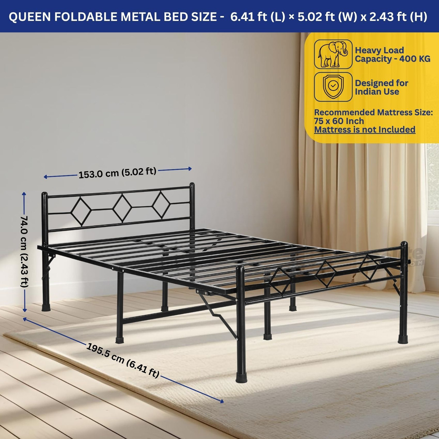 Image of Delite Kom Dory Foldable Metal Queen Bed (6.7x5ft) | Heavy Load | 1 Year Warranty | Strong Metal Queen Bed, 195.5 cm x 153 cm (6.41 ft x 5.02 ft)