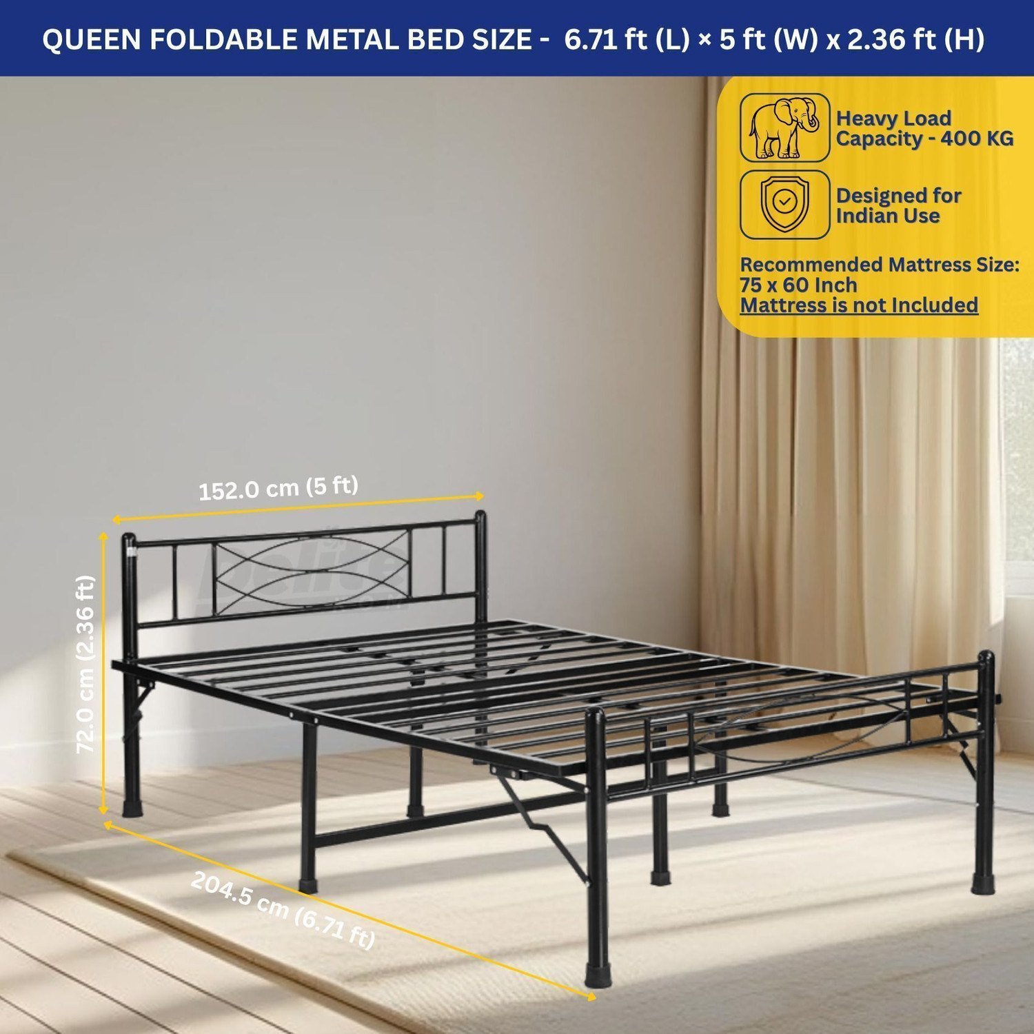 Image of Delite Kom Halo Foldable Metal Queen Bed (6.7x5ft) | Heavy Load | 1 Year Warranty | Strong Metal Queen Bed, 204.5 cm x 152 cm (6.71 ft x 4.99 ft)