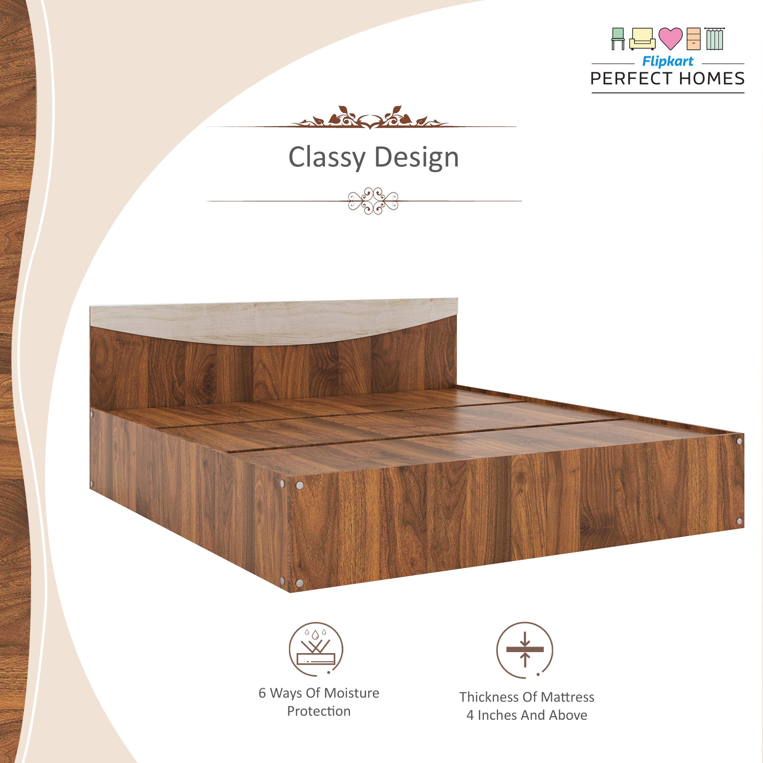 Image of Flipkart Perfect Homes Carol Engineered Wood Queen Bed, 203.5 cm x 159.5 cm (6.68 ft x 5.23 ft)