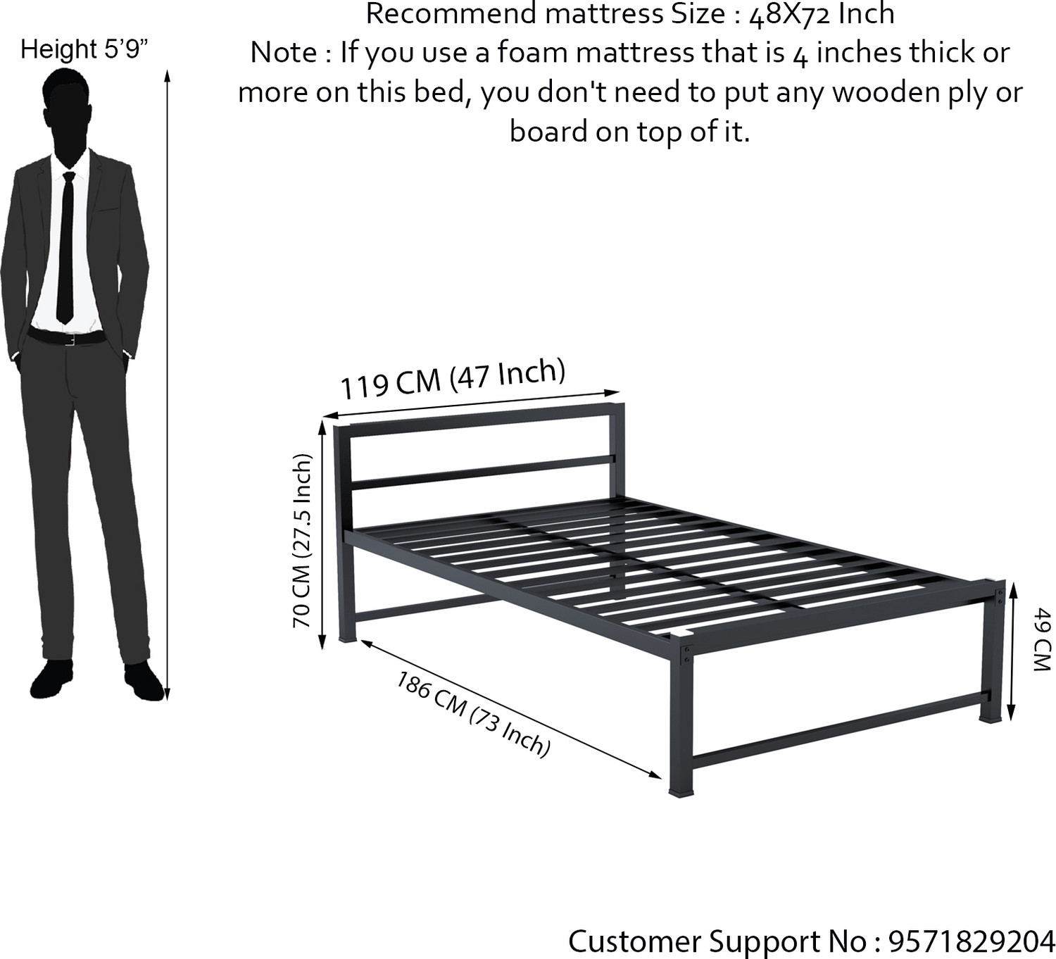 Image of Ziaula Premium Feet metal Bed Iron Cot for Adults Metal Double Bed, 186 cm x 119 cm (6.1 ft x 3.9 ft)