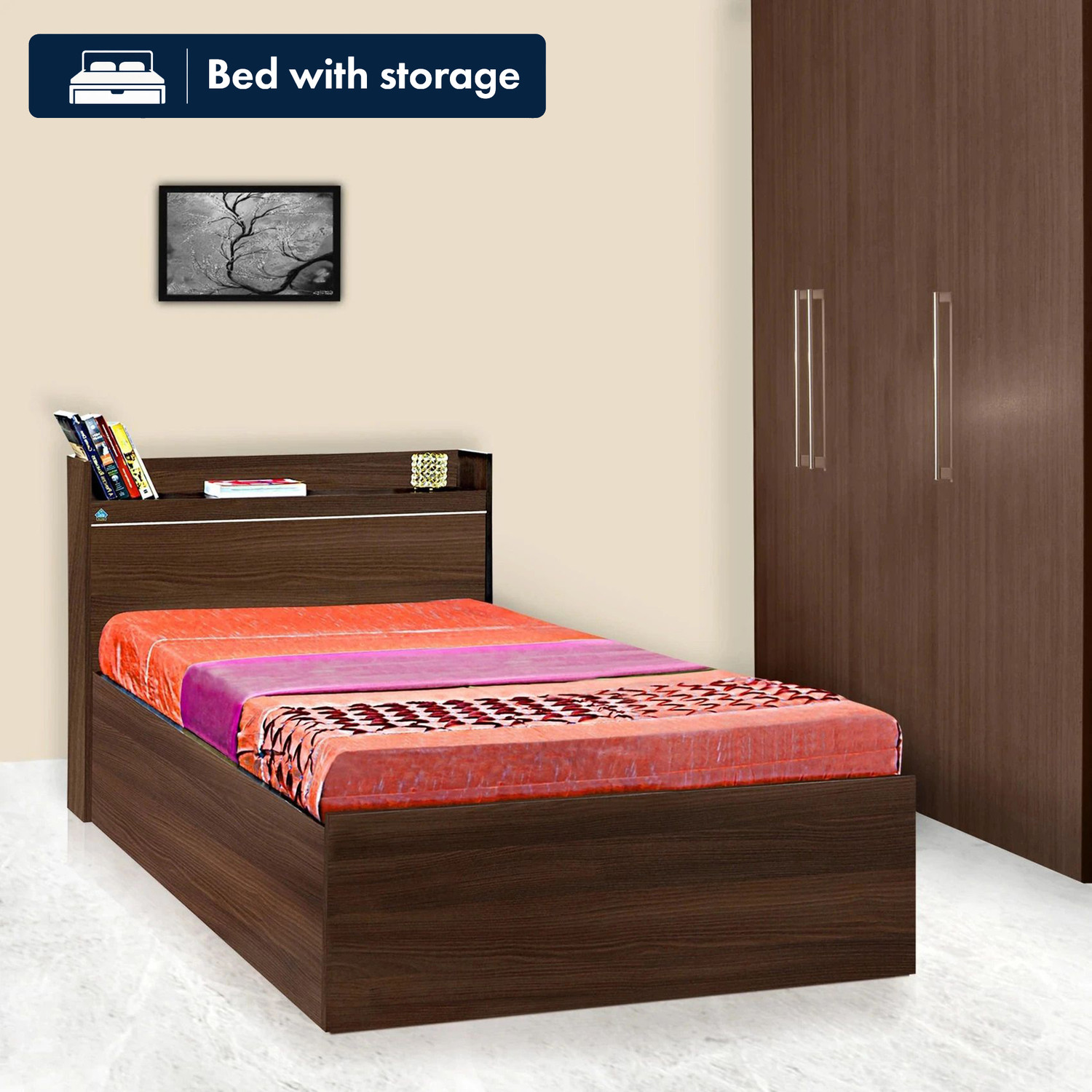 Image of Delite Kom Cherry Single Bed | with Box & Headboard Storage | Assembly Included | Engineered Wood Single Box Bed, 213 cm x 96 cm (6.99 ft x 3.15 ft)