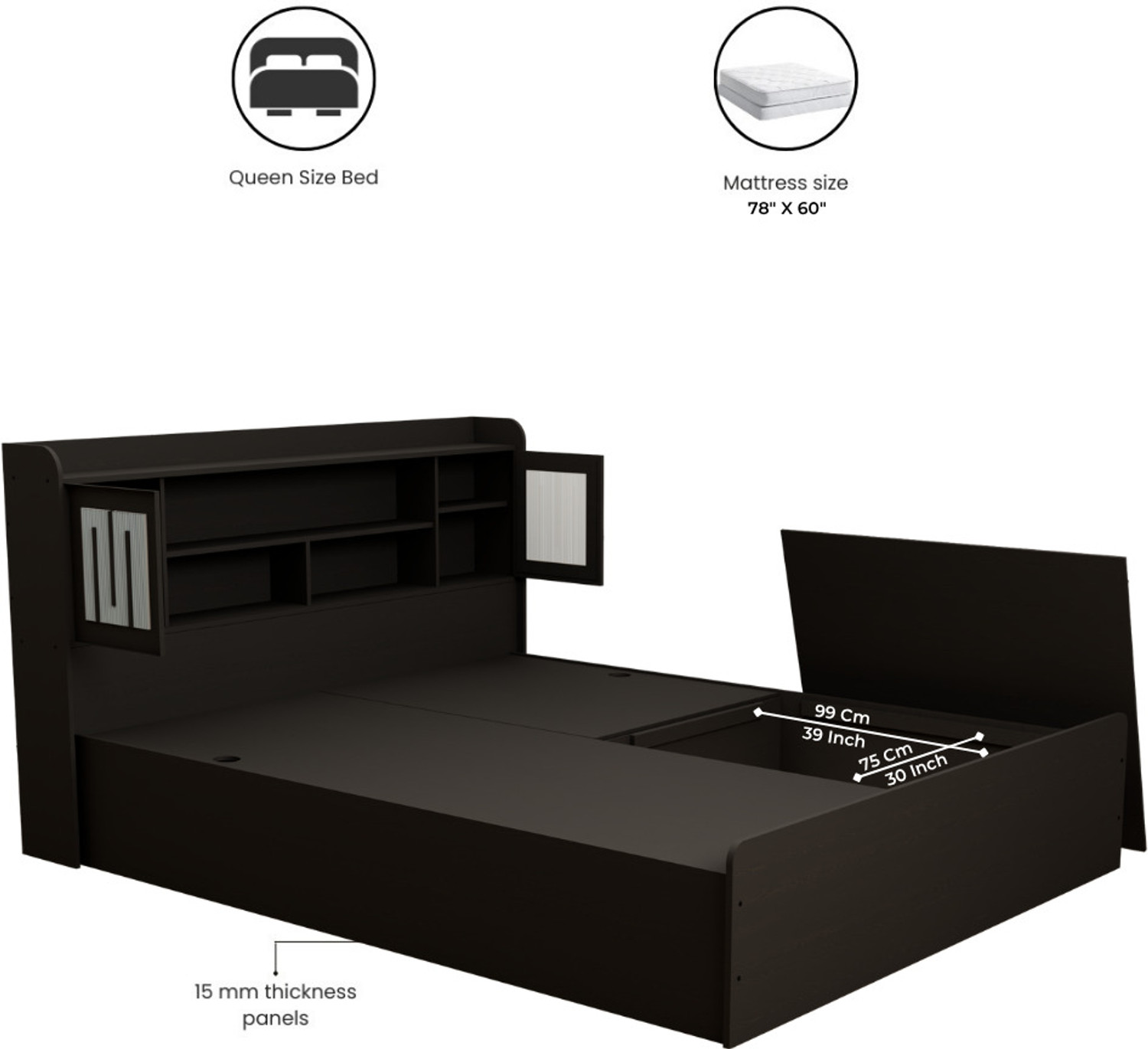 Image of neuspace Amber Queen Size Bed with Headboard & Box Storage Engineered Wood|Polycarbonate| Engineered Wood Queen Box Bed, 221 cm x 163 cm (7.25 ft x 5.35 ft)