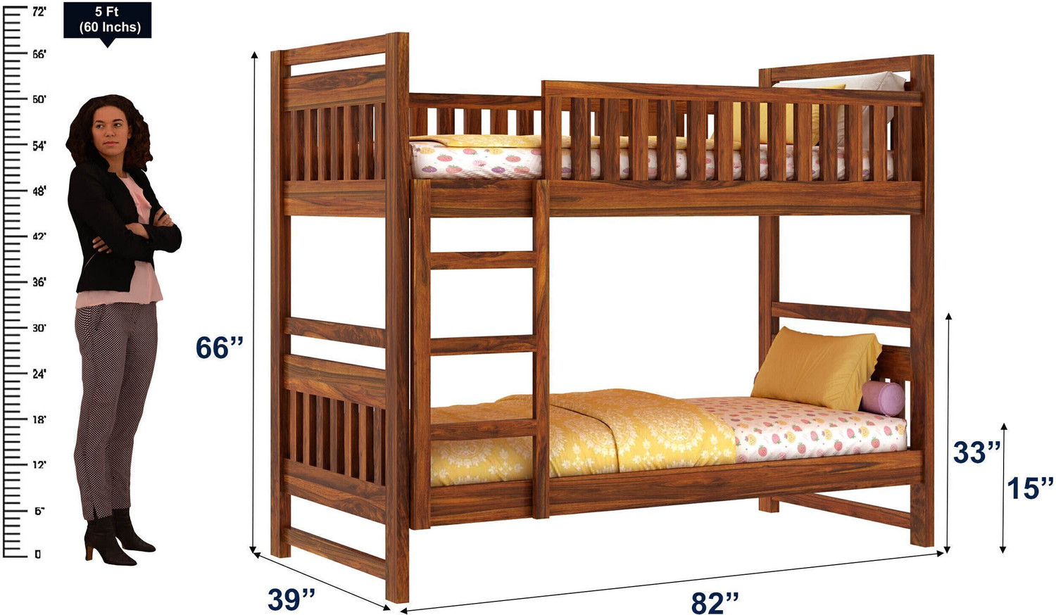 Image of Ganpati Arts Sheesham Wood Swift Bunk Bed Without Storage For Kids /Kids Room Solid Wood Single Bed, 99.06 cm x 208.28 cm (3.25 ft x 6.83 ft)