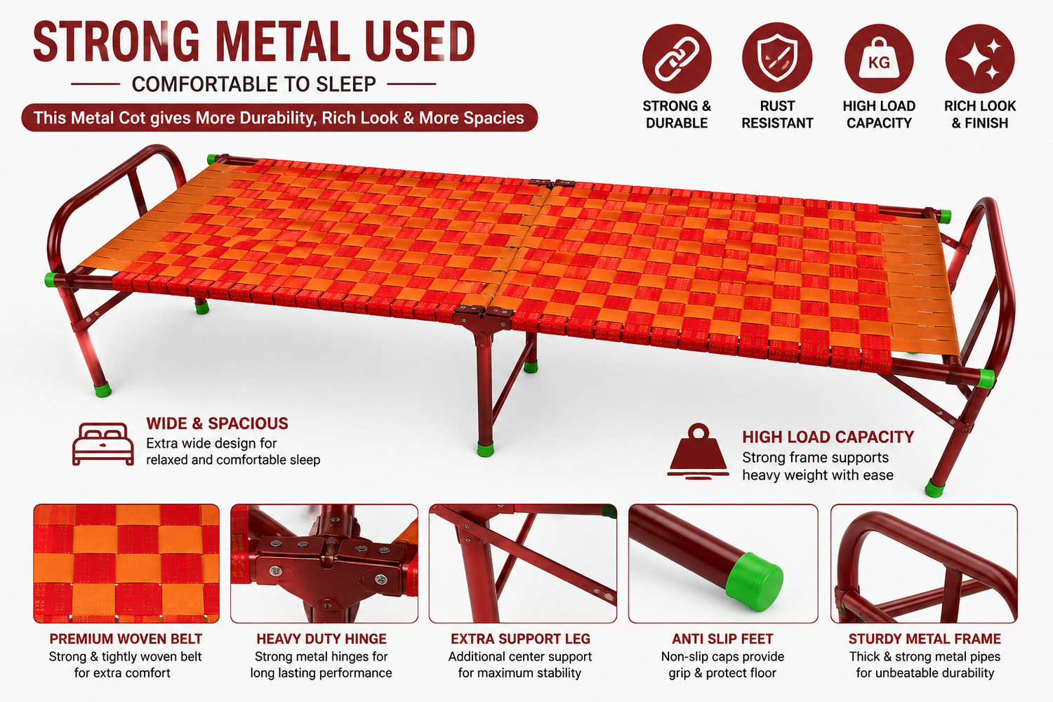 Image of CHA Portable Single foldable metal bed Metal Single Bed, 180 cm x 90 cm (5.91 ft x 2.95 ft)