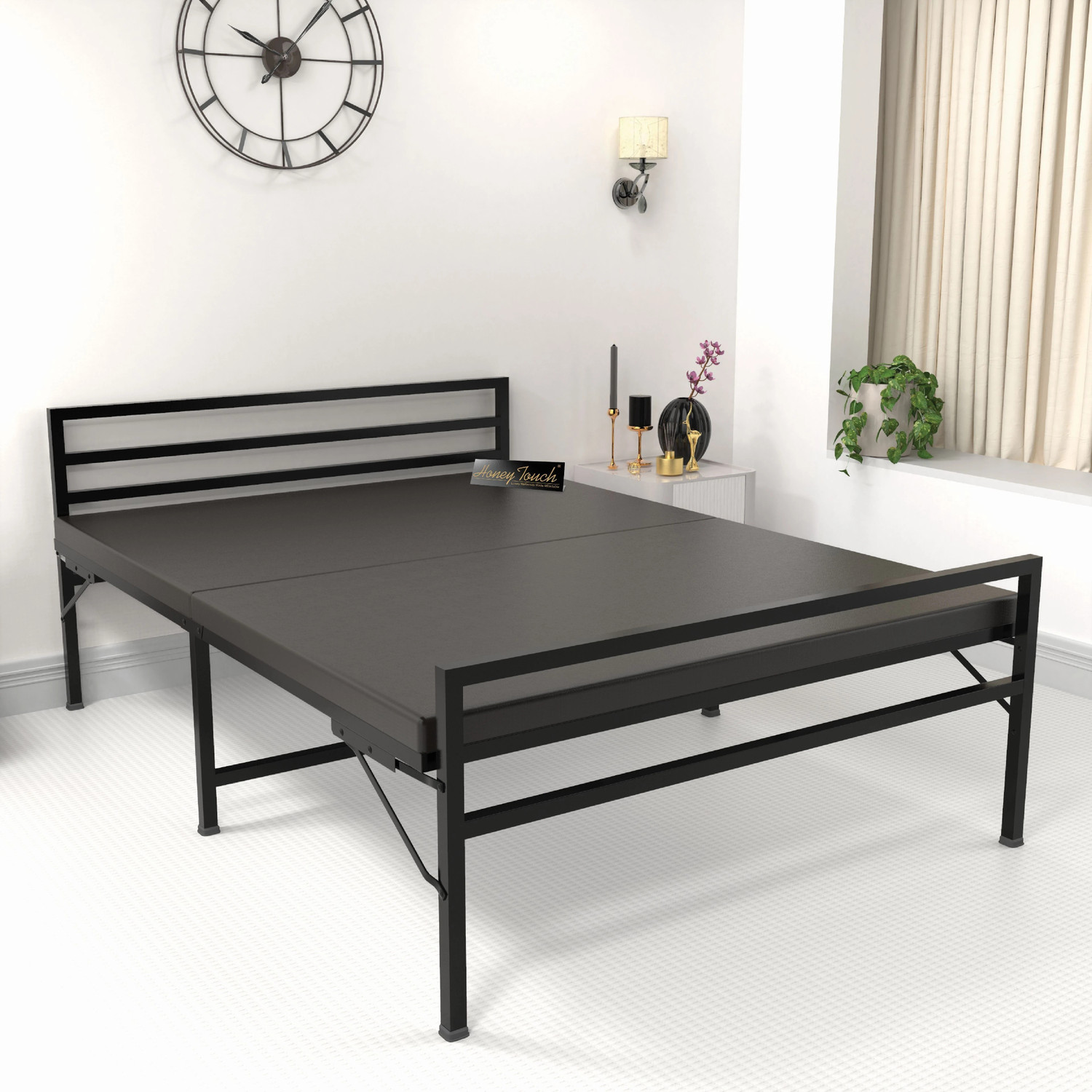 Image of HoneyTouch Jasper Folding Double Bed with Mattress | No Assembly Required | Metal Double Bed, 198 cm x 122 cm (6.5 ft x 4.0 ft)