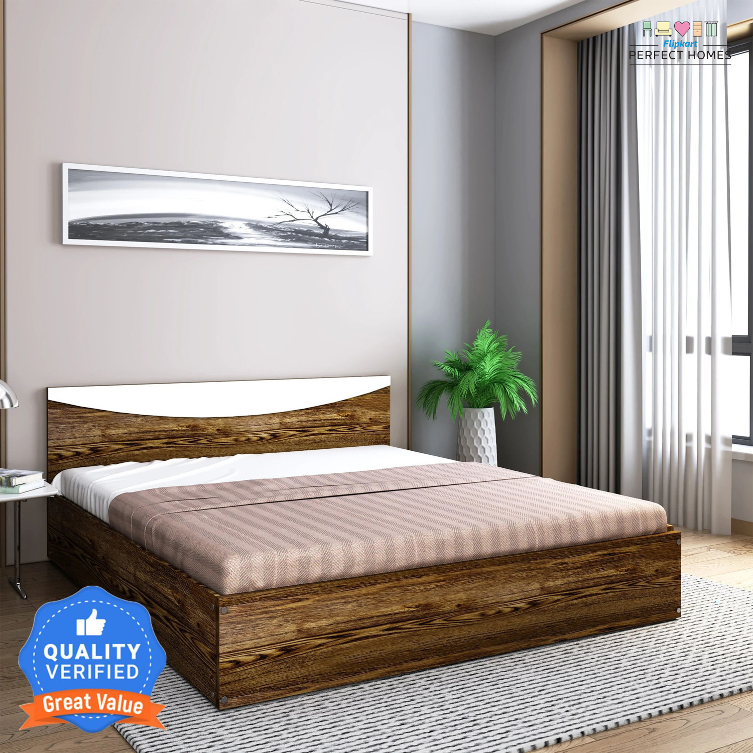 Image of Flipkart Perfect Homes Carol Engineered Wood King Bed, 203.5 cm x 190 cm (6.68 ft x 6.23 ft)