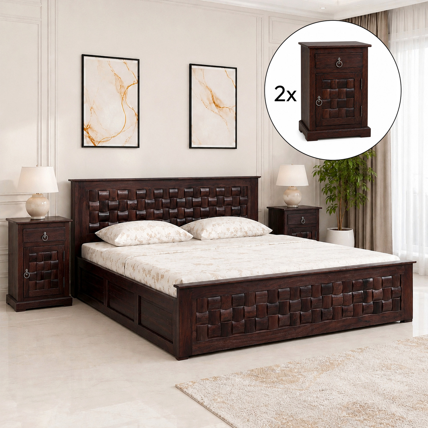 Image of SONA ART & CRAFTS Niwar Sheesham Wood Queen Size Bed with Storage Box + 2 Bedside Solid Wood Queen Box Bed, 208 cm x 160 cm (6.82 ft x 5.25 ft)