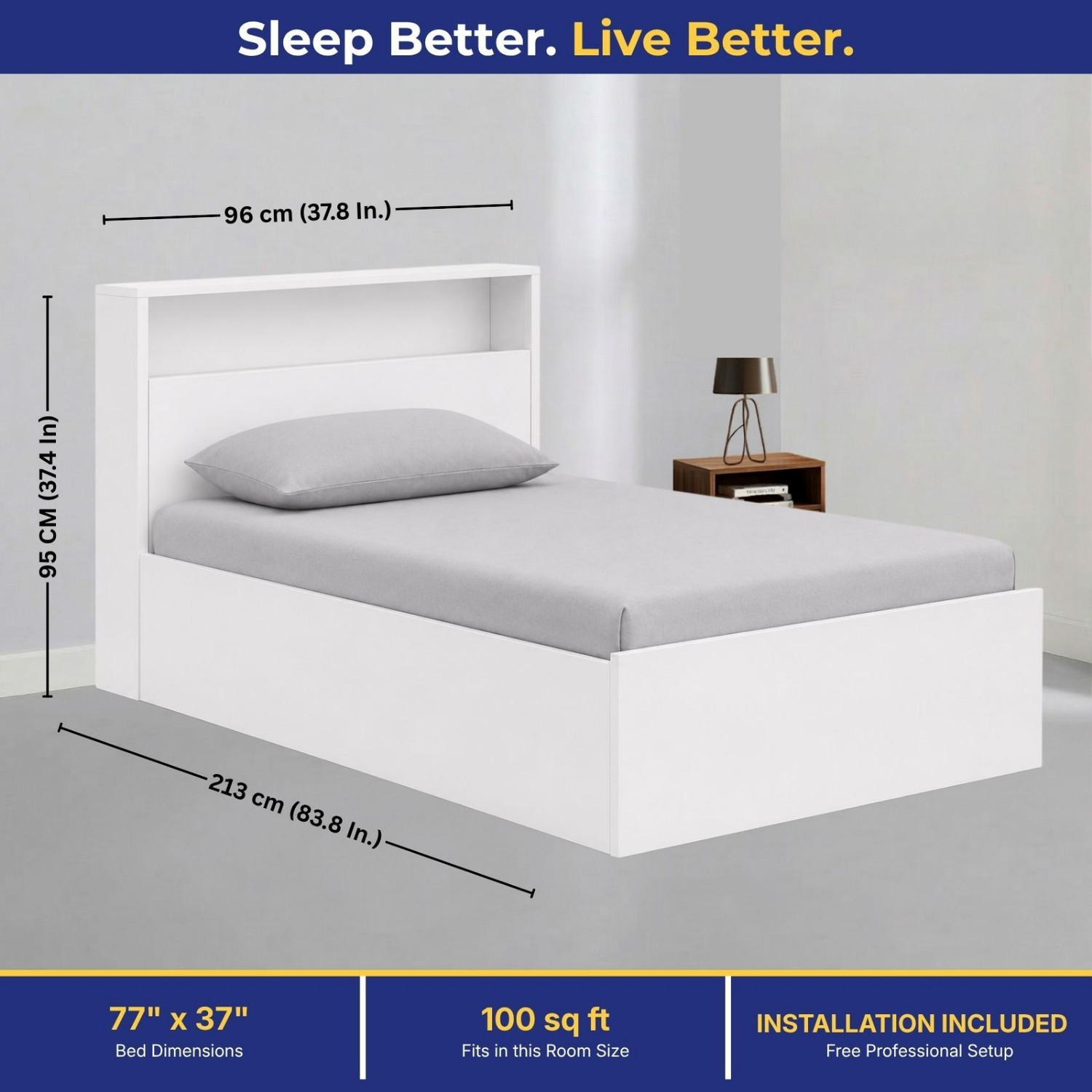 Image of Delite Kom Urban Single Bed | with Box & Headboard Storage | Assembly Included | Engineered Wood Single Box Bed, 213 cm x 95 cm (6.99 ft x 3.12 ft)