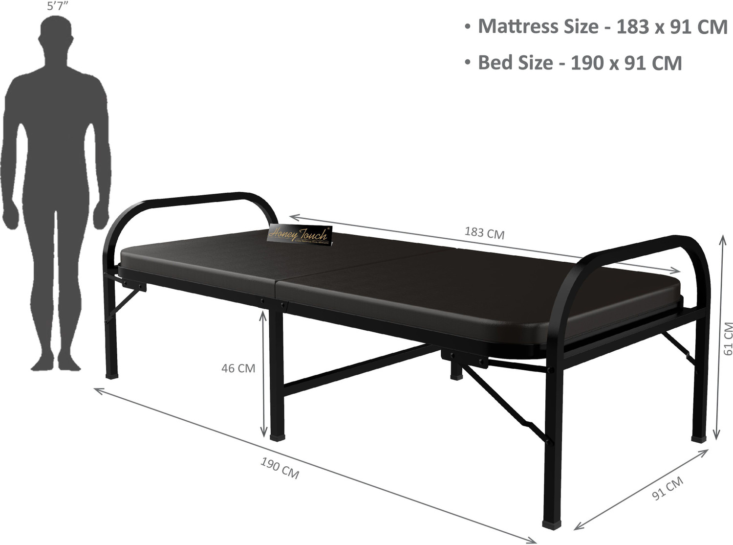 Image of HoneyTouch Atlas-Ortho Tri Layer-Black-Black-3X6 Metal Single Bed, 183 cm x 91 cm (6.0 ft x 2.99 ft)