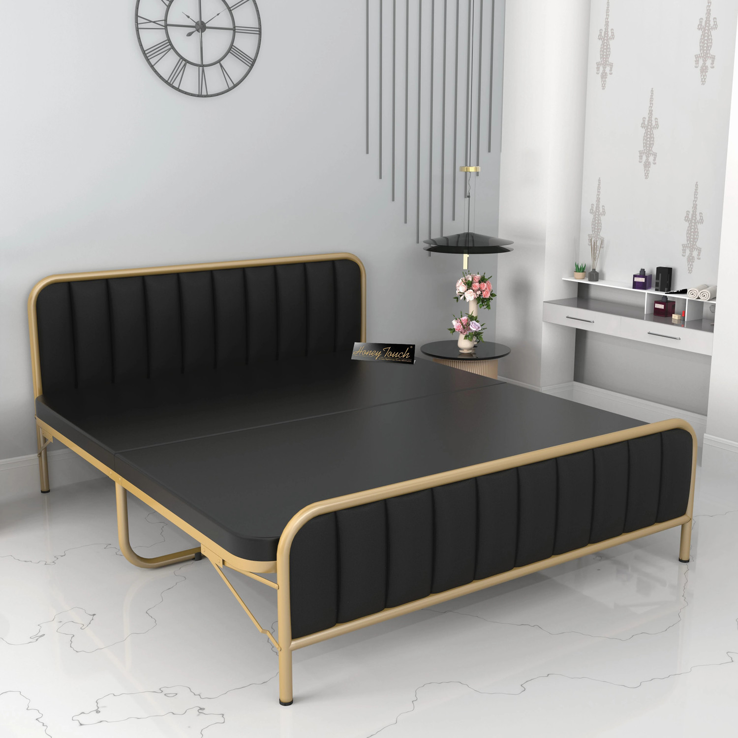 Image of HoneyTouch Boston Queen Size Bed with Mattress Folding Bed |No Assembly Required| Metal Queen Bed, 200 cm x 152 cm (6.56 ft x 4.99 ft)