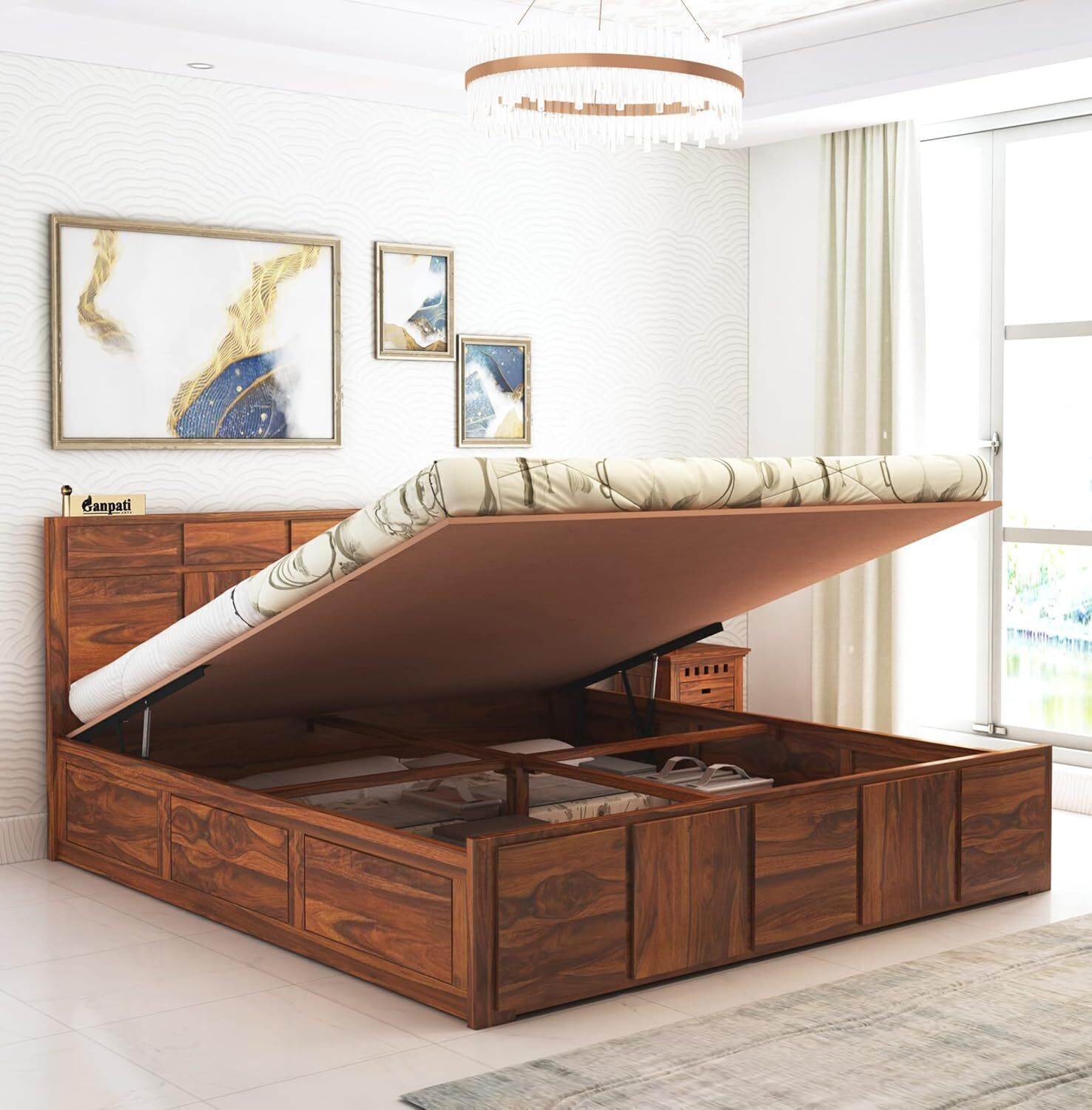 Image of Ganpati Arts Scott Sheesham Wood Bed /Cot With Hydraulic Storage | Solid Wood Queen Hydraulic Bed, 206 cm x 163 cm (6.76 ft x 5.35 ft)