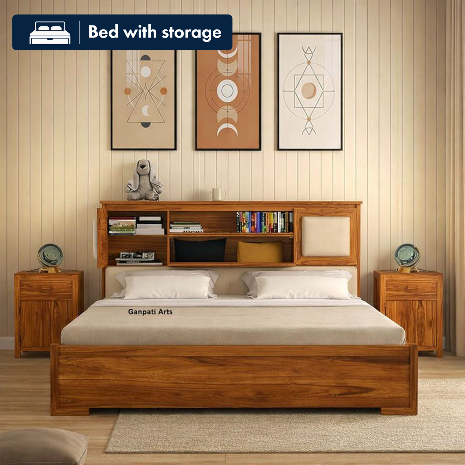 Image of Ganpati Arts Sheesham Wood Maharaja Bed for Bedroom /Hotel /Wooden Cot /Bed With Box Storage Solid Wood King Box Bed, 218 cm x 187 cm (7.15 ft x 6.14 ft)