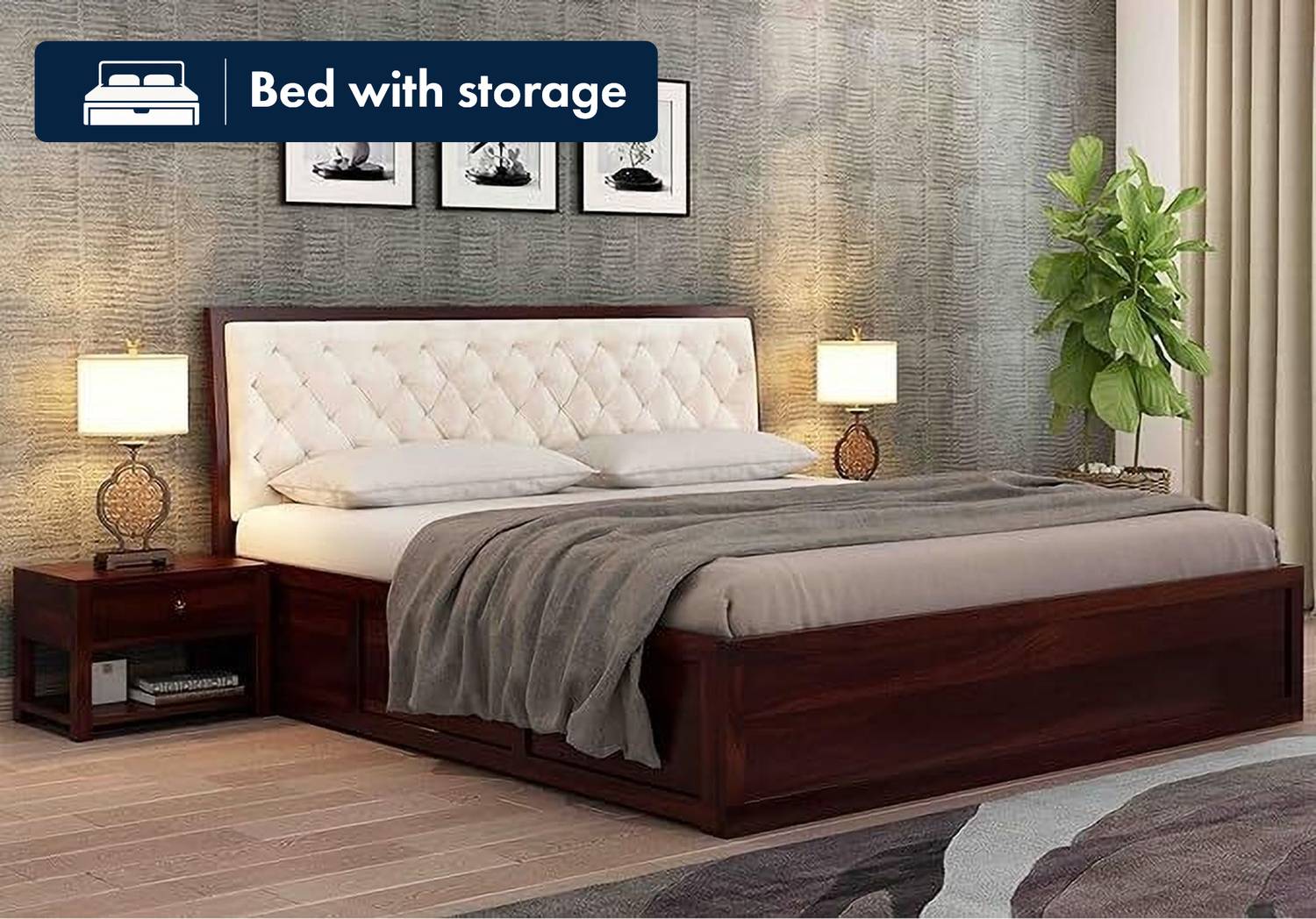 WOODSTAGE Sheesham Wood King Size Bed, 193.04 x 208.28 cm, Walnut