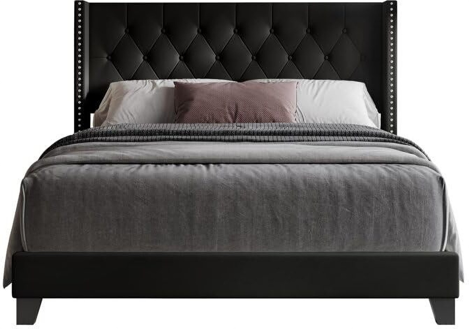 Image of FEBERICA Engineered Wood Fabric Queen Size Bed with Upholstered Headboard for Bedroom | Engineered Wood Queen Bed, 165.1 cm x 210.82 cm (5.42 ft x 6.92 ft)